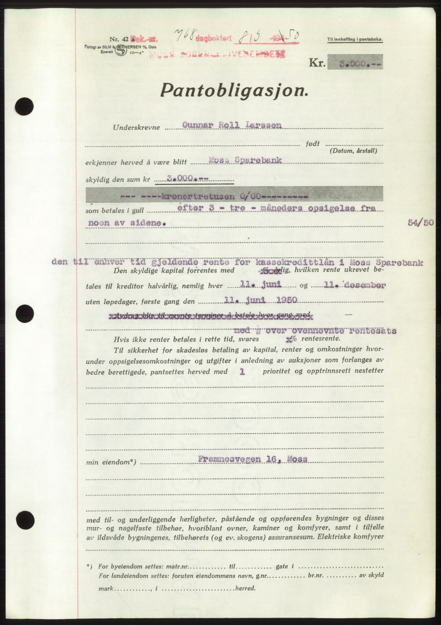 Moss sorenskriveri, SAO/A-10168: Mortgage book no. B23, 1949-1950, Diary no: : 768/1950