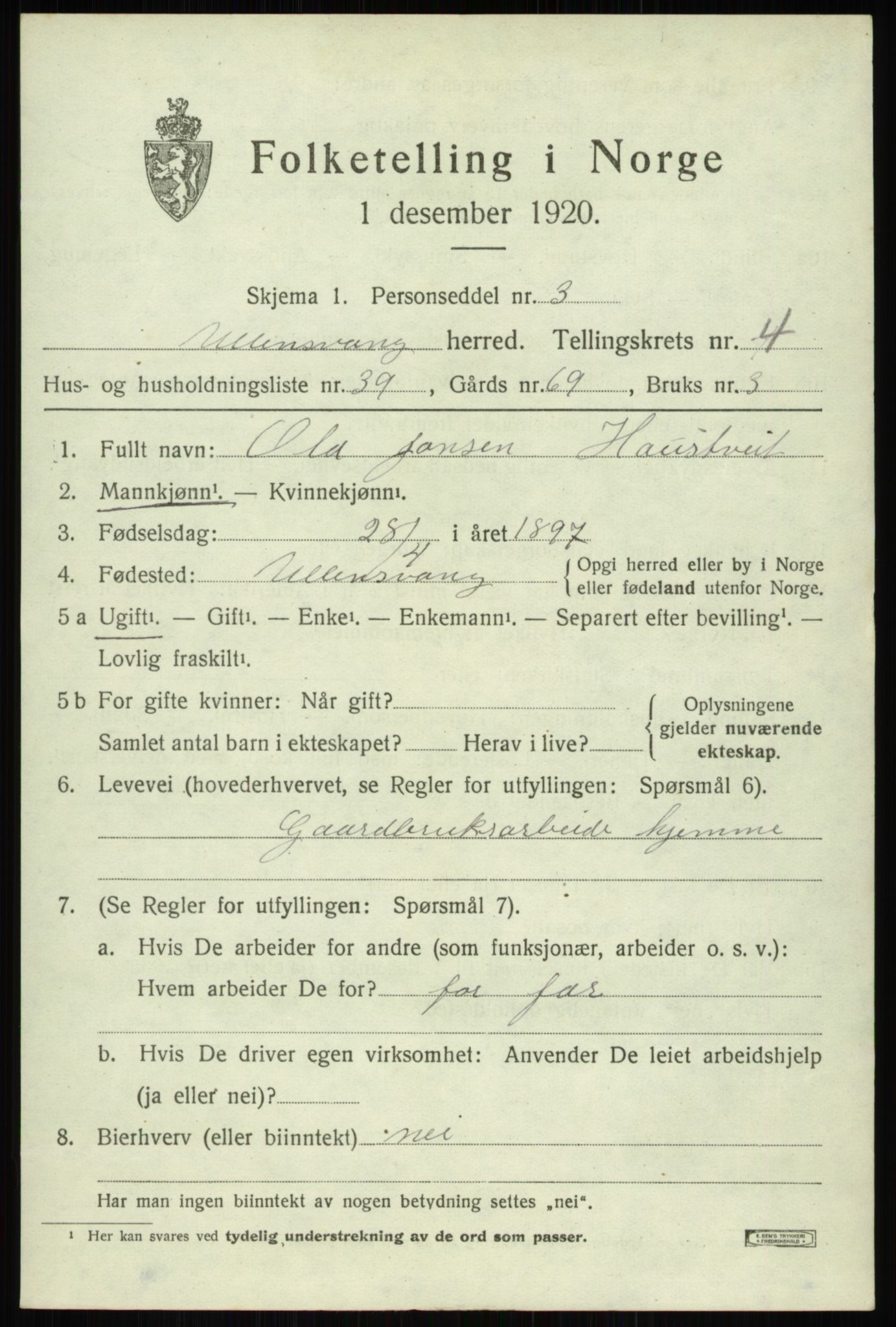 SAB, 1920 census for Ullensvang, 1920, p. 2362