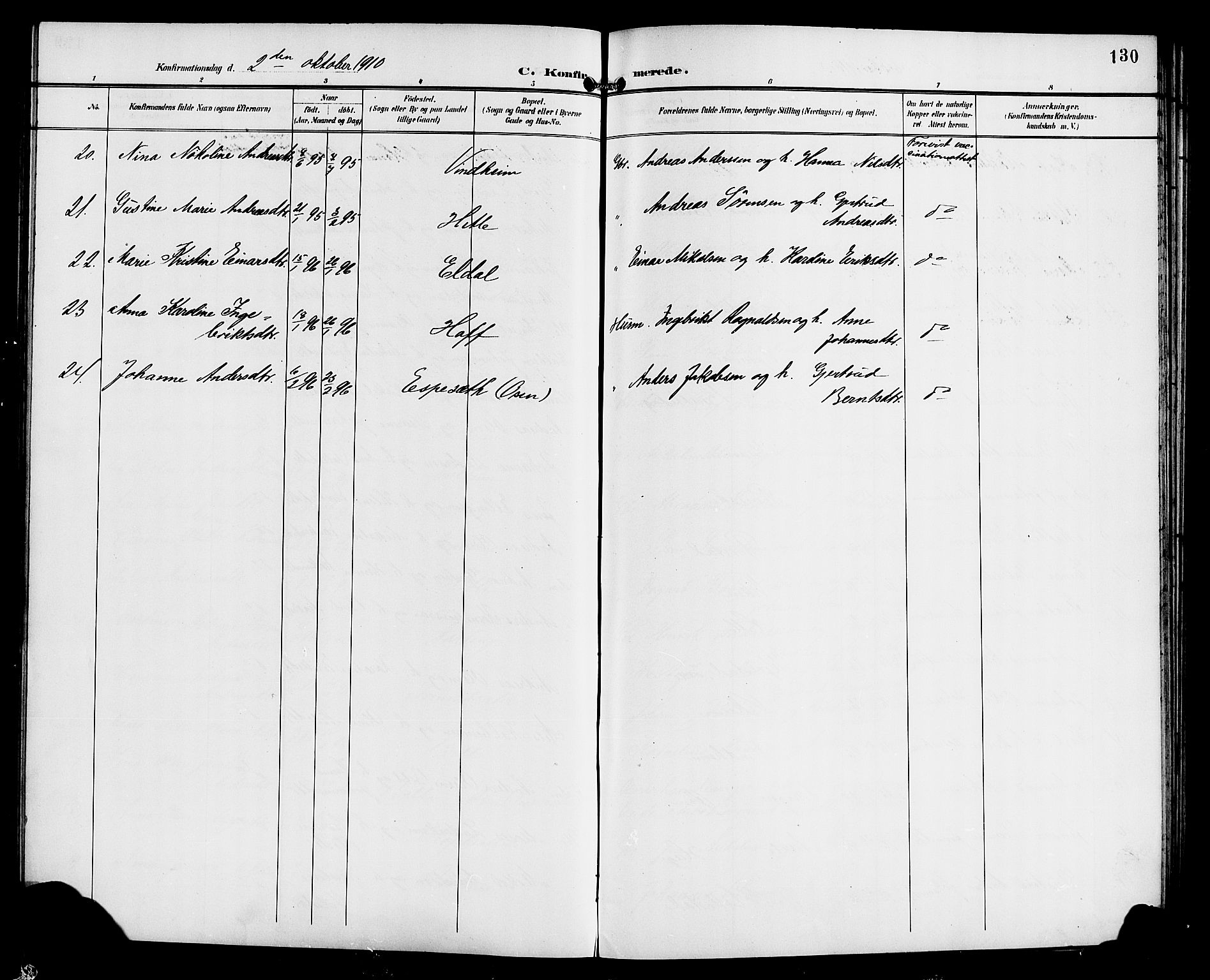 Gaular sokneprestembete, AV/SAB-A-80001/H/Hab: Parish register (copy) no. C 4, 1895-1920, p. 130