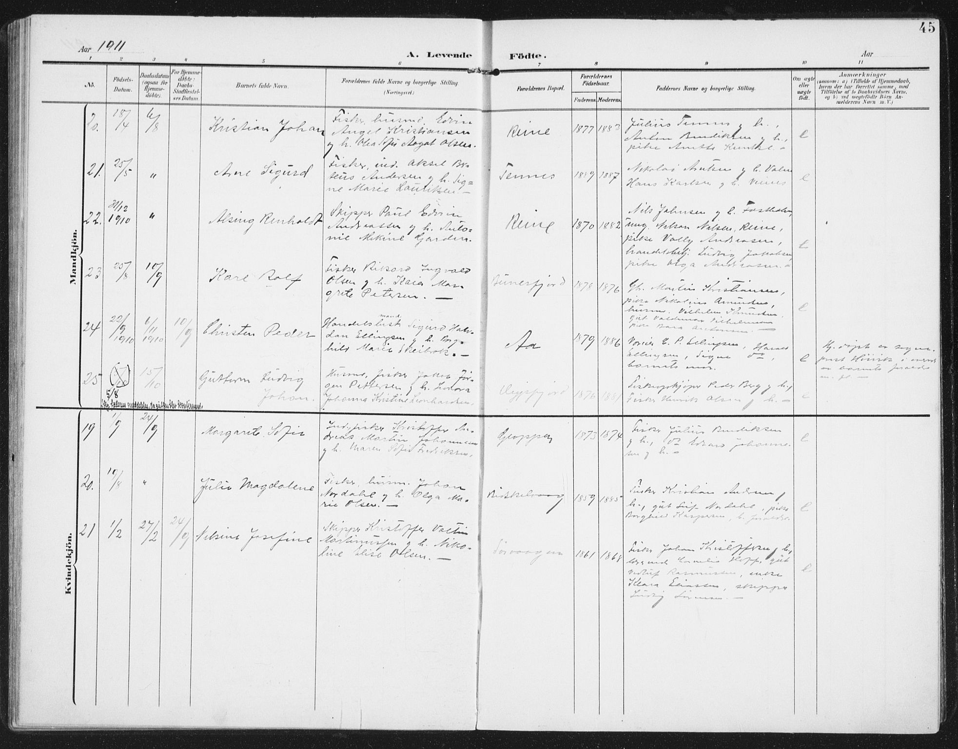 Ministerialprotokoller, klokkerbøker og fødselsregistre - Nordland, SAT/A-1459/886/L1221: Parish register (official) no. 886A03, 1903-1913, p. 45