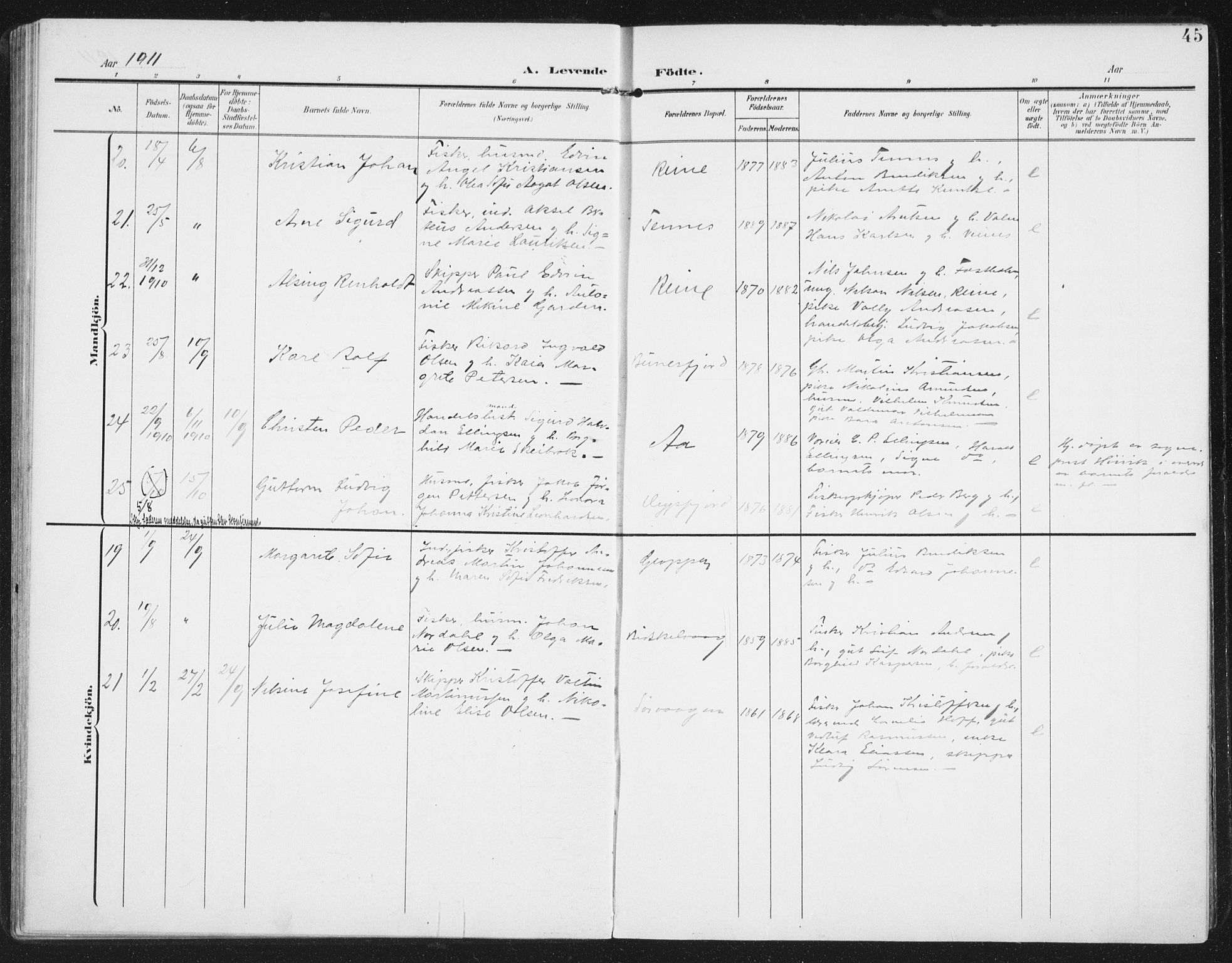 Ministerialprotokoller, klokkerbøker og fødselsregistre - Nordland, AV/SAT-A-1459/886/L1221: Parish register (official) no. 886A03, 1903-1913, p. 45