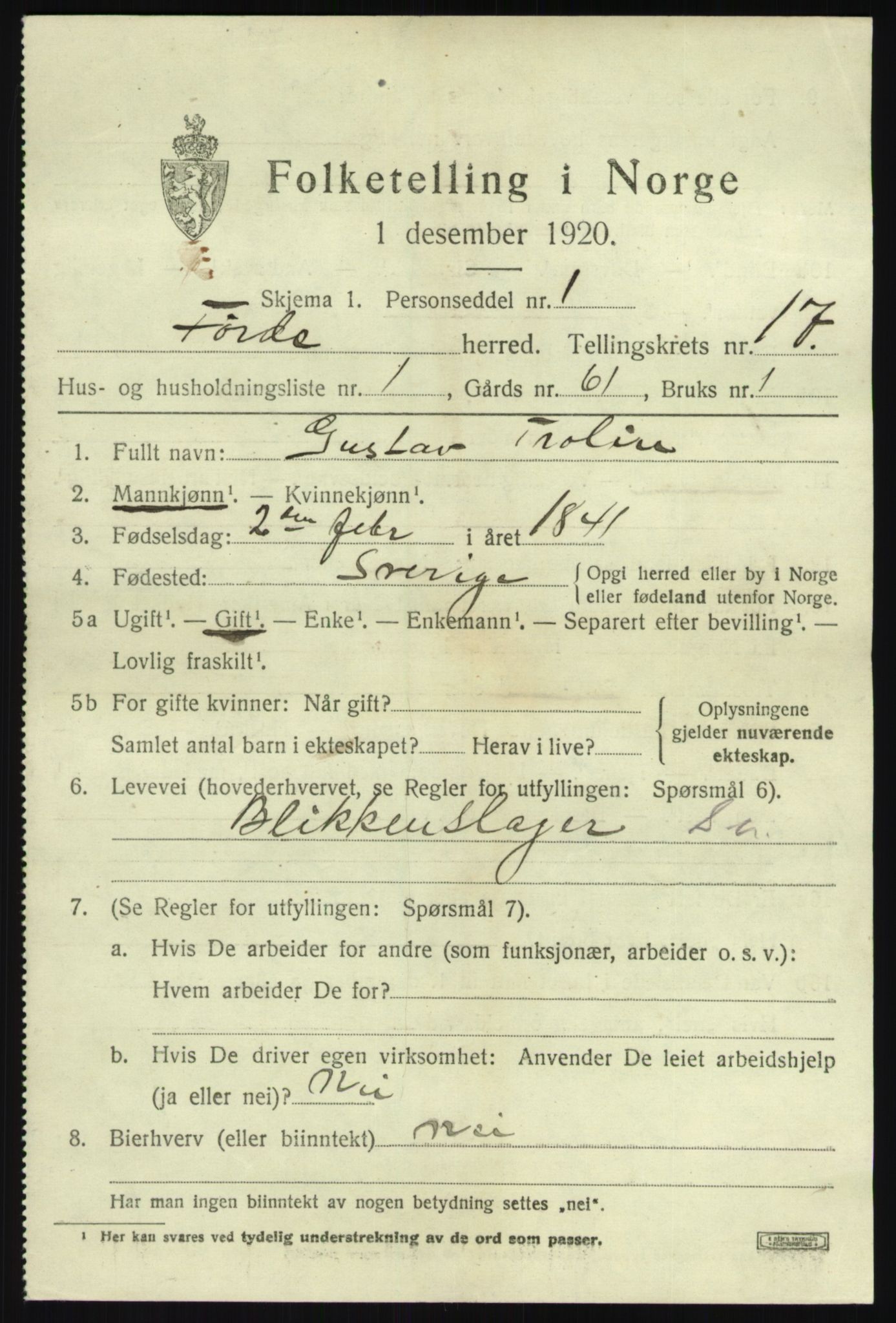 SAB, 1920 census for Førde, 1920, p. 5746