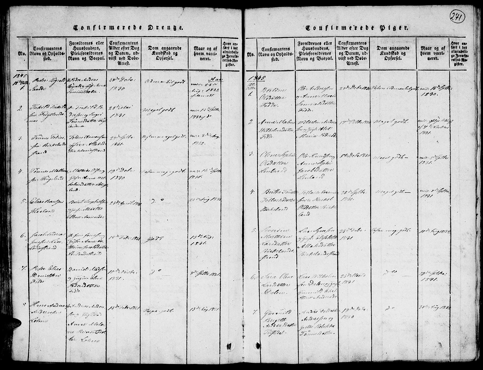 Kvinesdal sokneprestkontor, SAK/1111-0026/F/Fa/Faa/L0001: Parish register (official) no. A 1, 1815-1849, p. 271