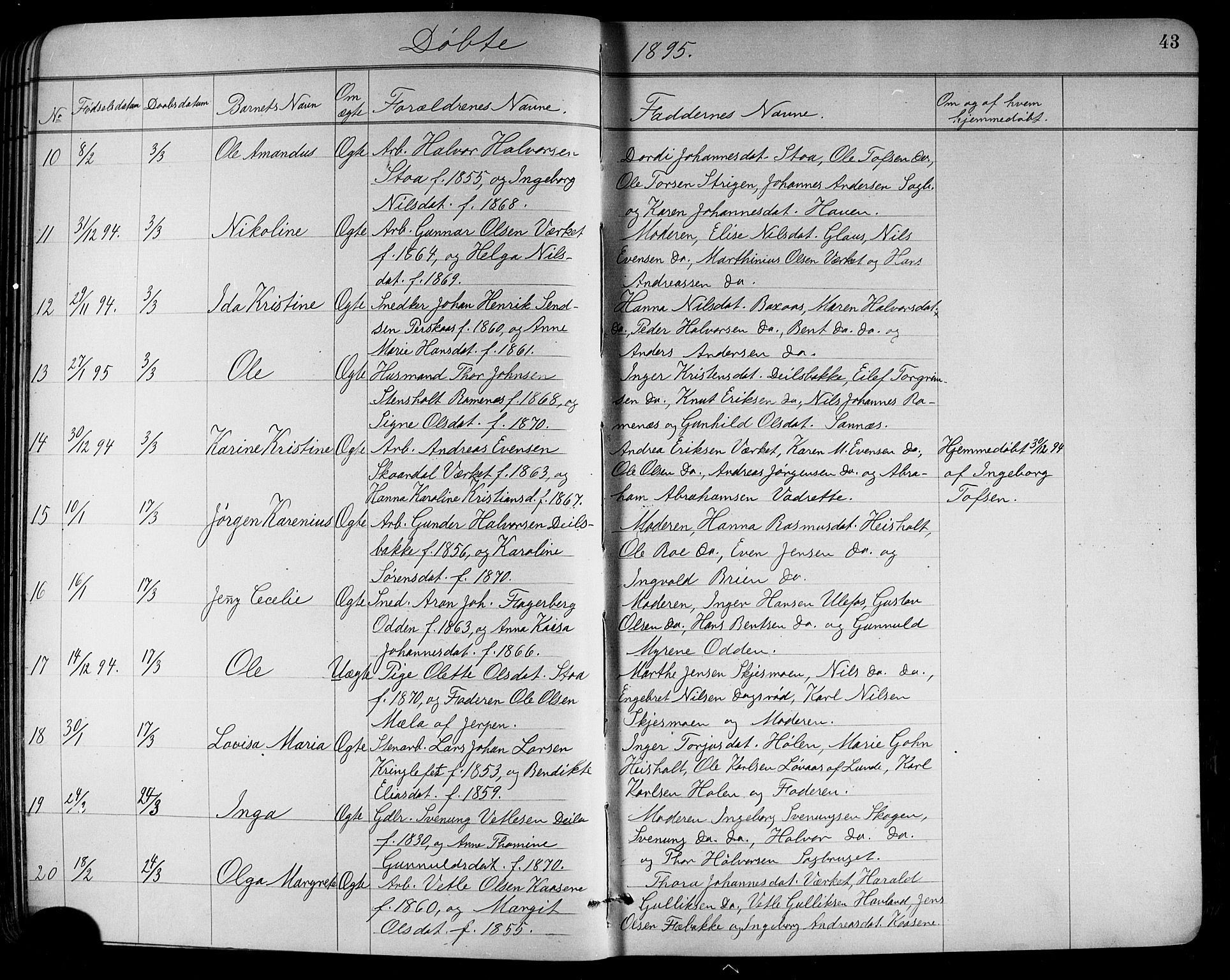 Holla kirkebøker, SAKO/A-272/G/Ga/L0005: Parish register (copy) no. I 5, 1891-1917, p. 43
