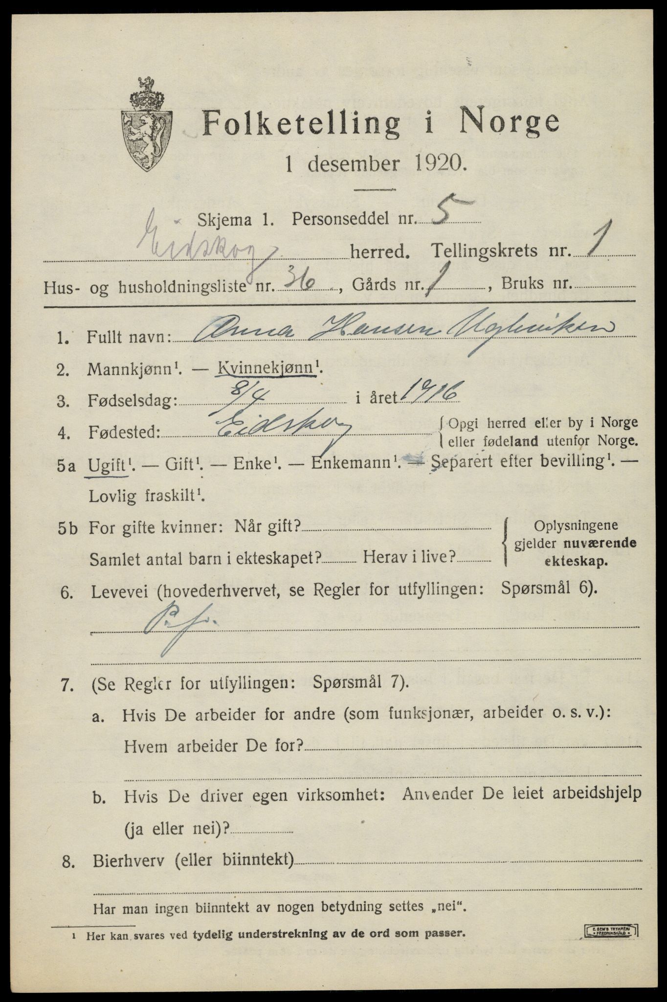 SAH, 1920 census for Eidskog, 1920, p. 2819