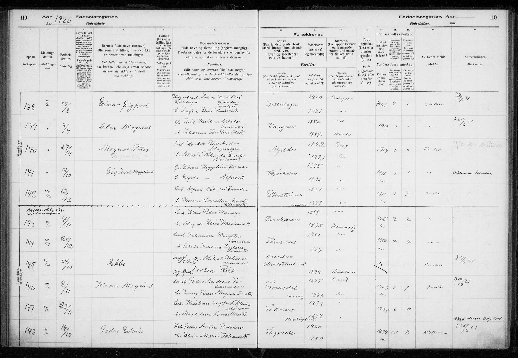 Tromsøysund sokneprestkontor, AV/SATØ-S-1304/H/Ha/L0079: Birth register no. 79, 1916-1924, p. 110