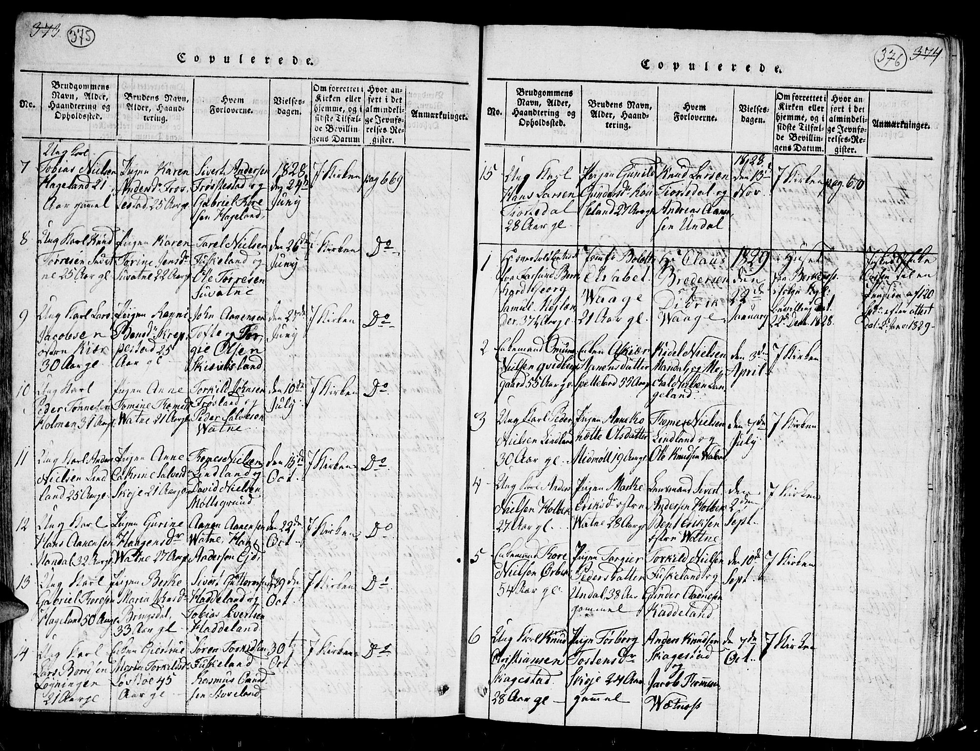 Holum sokneprestkontor, SAK/1111-0022/F/Fb/Fba/L0002: Parish register (copy) no. B 2, 1820-1849, p. 375-376