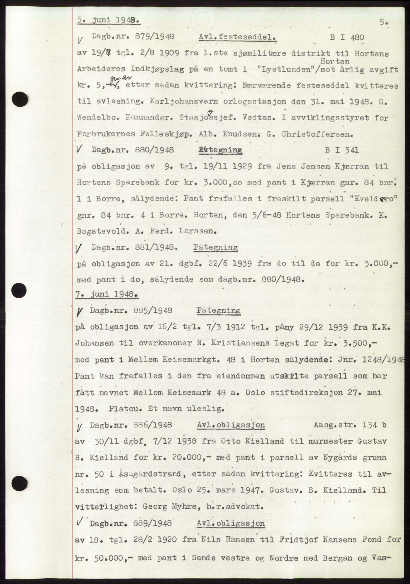 Horten sorenskriveri, AV/SAKO-A-133/G/Ga/Gab/L0007: Mortgage book no. B-11 - B-12, 1947-1948, Diary no: : 879/1948