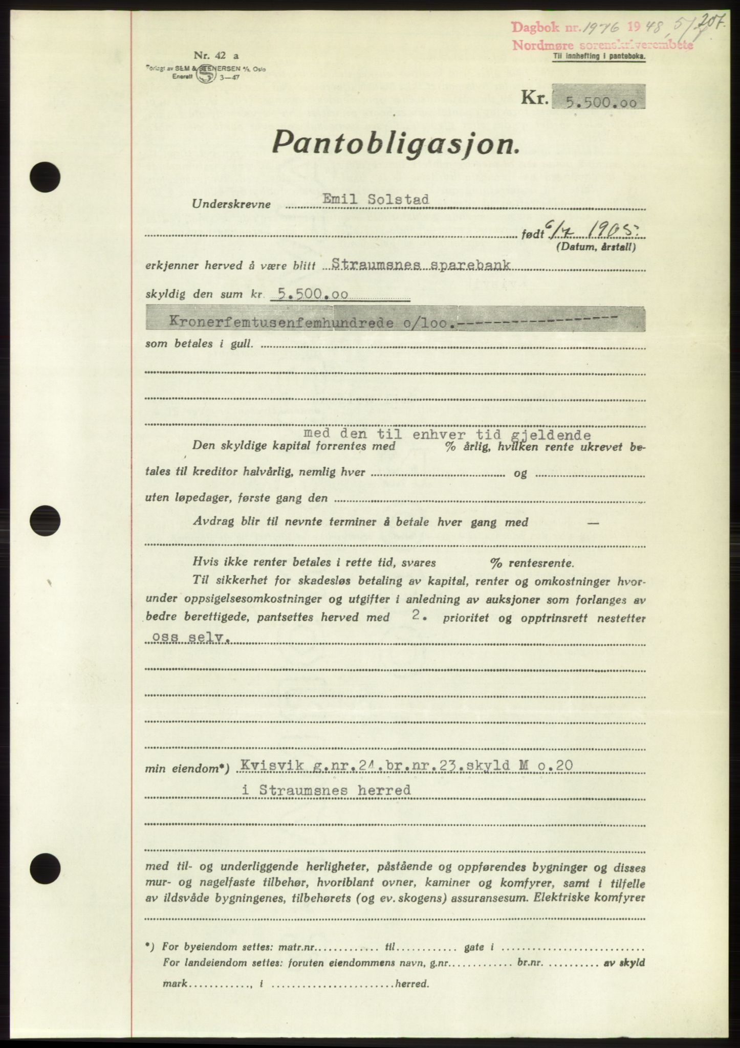 Nordmøre sorenskriveri, AV/SAT-A-4132/1/2/2Ca: Mortgage book no. B99, 1948-1948, Diary no: : 1976/1948