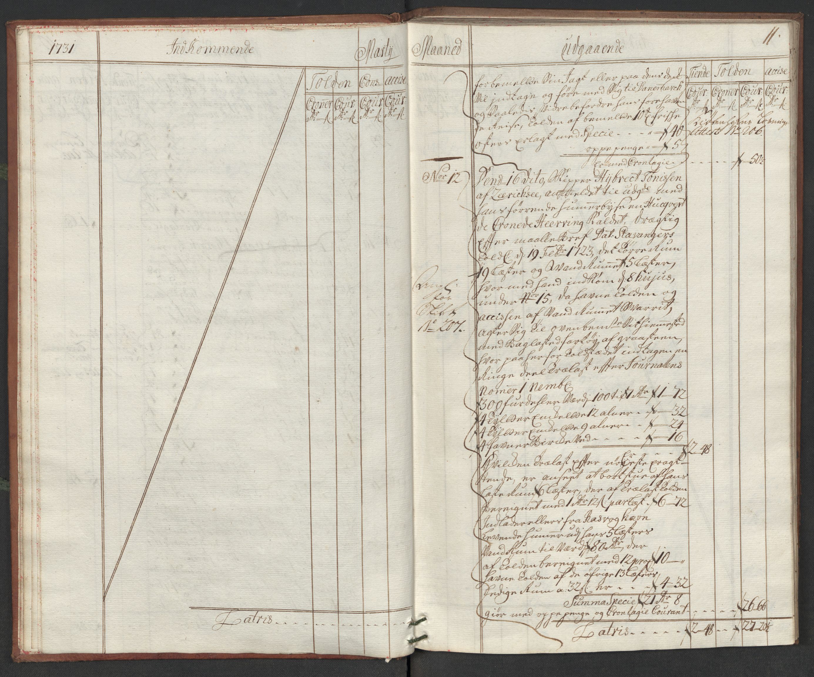 Generaltollkammeret, tollregnskaper, AV/RA-EA-5490/R19/L0006/0001: Tollregnskaper Flekkefjord / Hovedtollbok, 1731, p. 10b-11a
