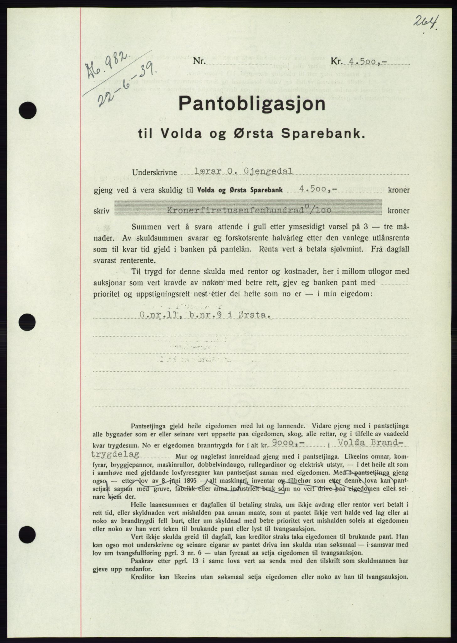 Søre Sunnmøre sorenskriveri, AV/SAT-A-4122/1/2/2C/L0068: Mortgage book no. 62, 1939-1939, Diary no: : 982/1939