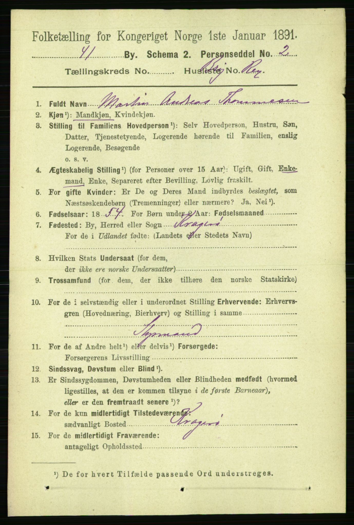 RA, 1891 census for 1101 Egersund, 1891, p. 3078