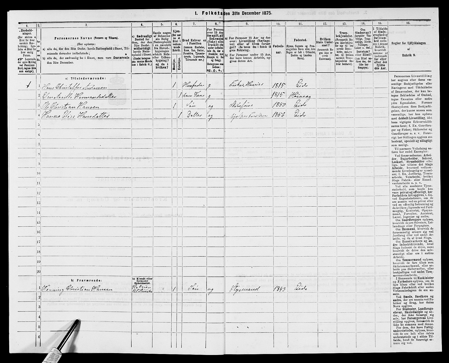 SAK, 1875 census for 0924P Homedal, 1875, p. 215