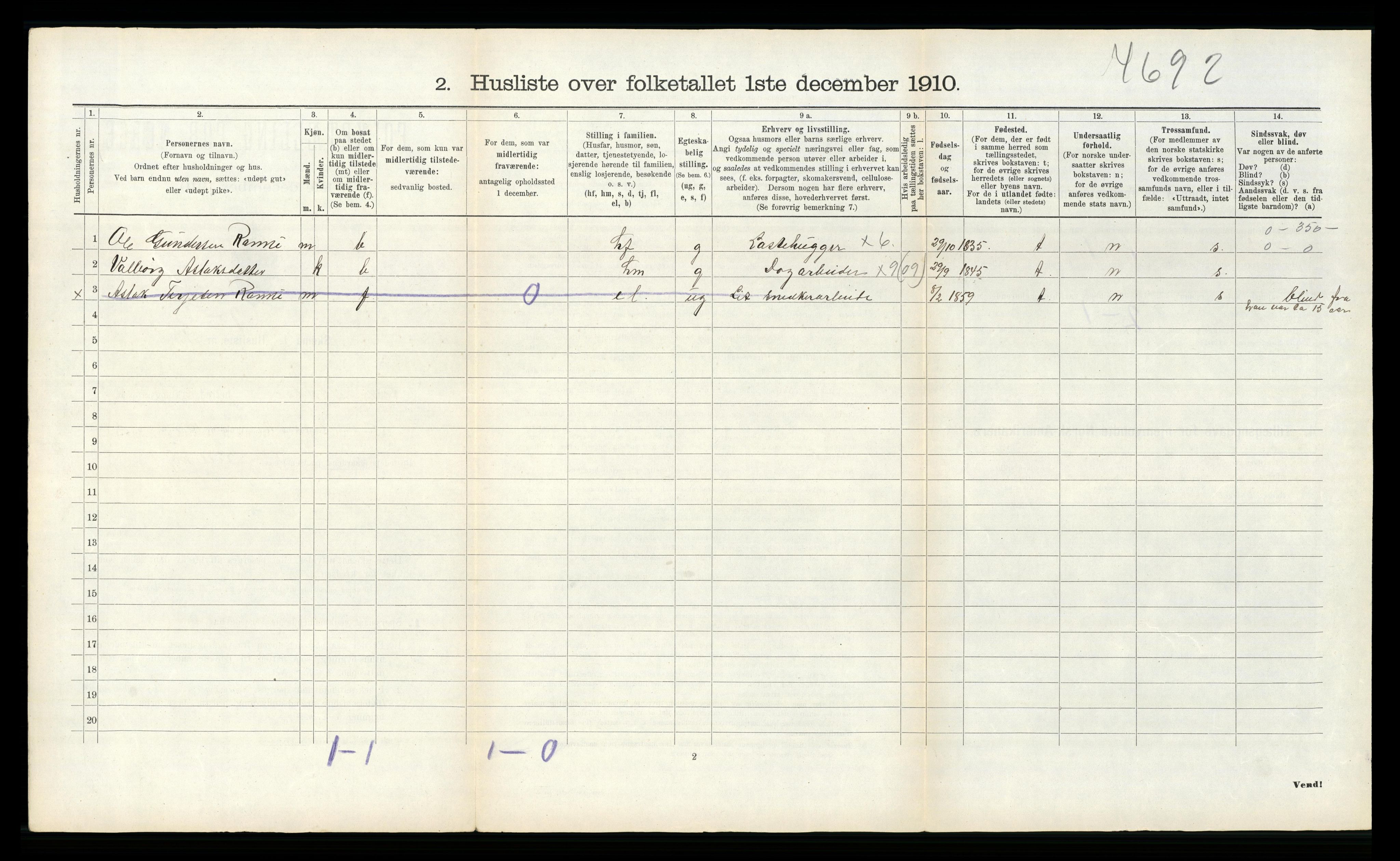 RA, 1910 census for Tovdal, 1910, p. 55