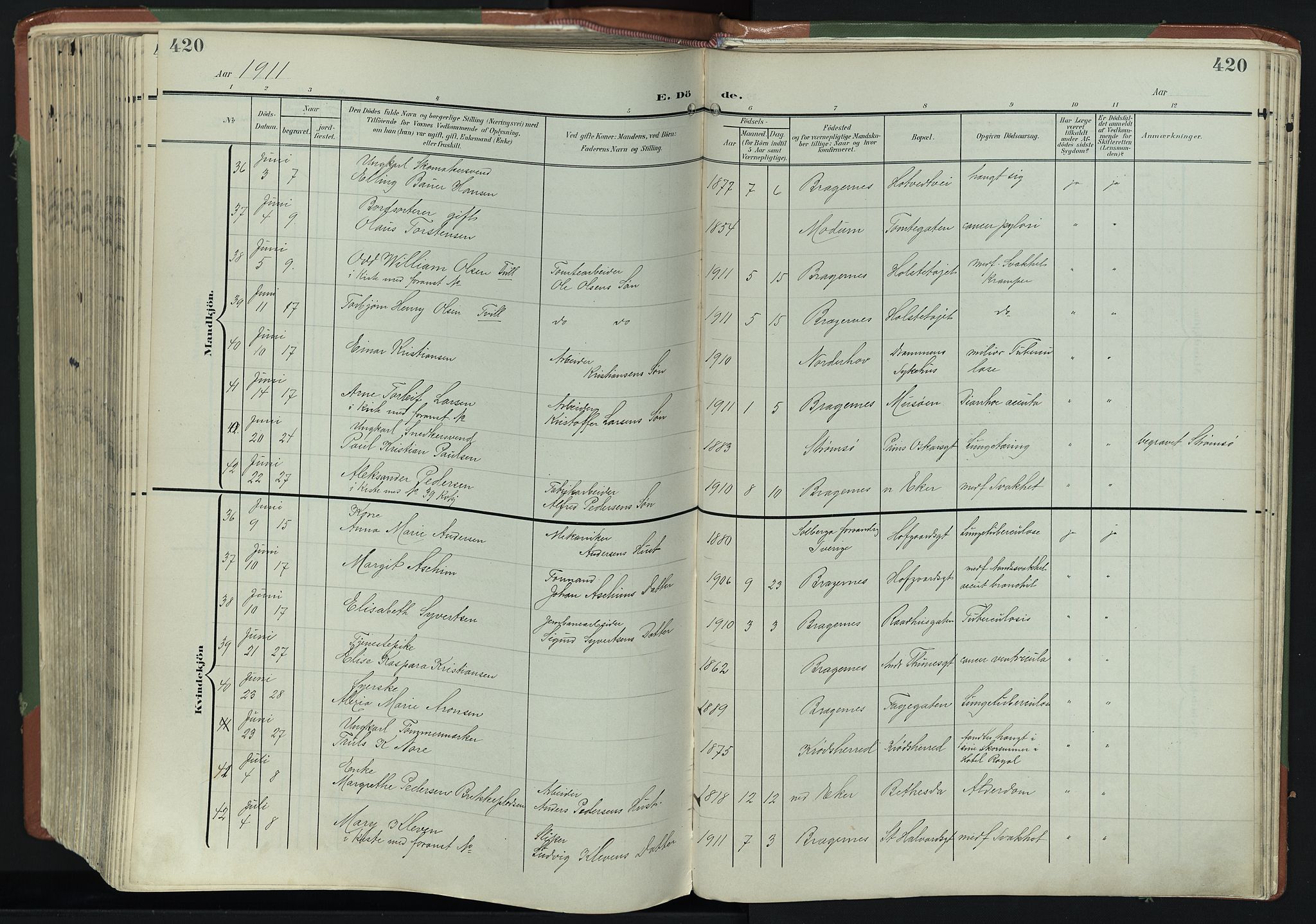 Bragernes kirkebøker, AV/SAKO-A-6/F/Fb/L0009: Parish register (official) no. II 9, 1902-1911, p. 420