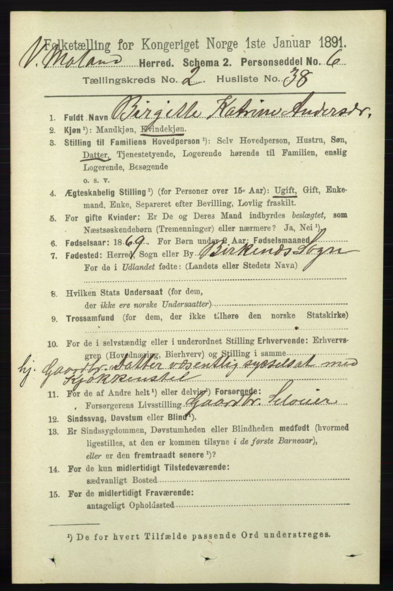 RA, 1891 census for 0926 Vestre Moland, 1891, p. 813