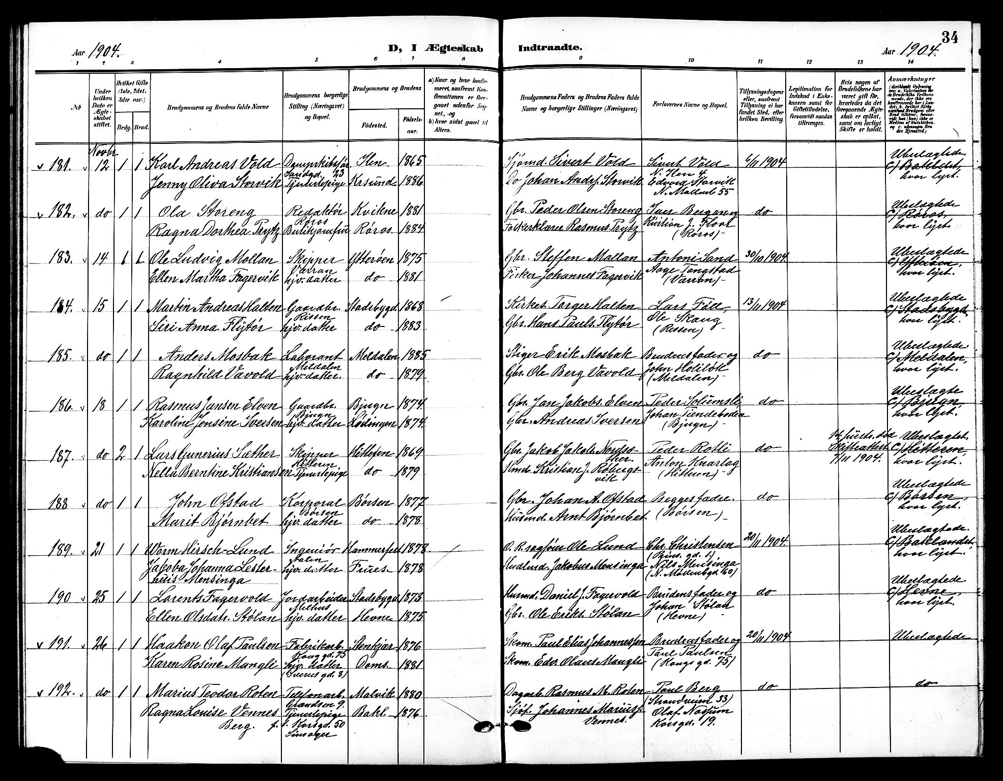 Ministerialprotokoller, klokkerbøker og fødselsregistre - Sør-Trøndelag, AV/SAT-A-1456/601/L0095: Parish register (copy) no. 601C13, 1902-1911, p. 34