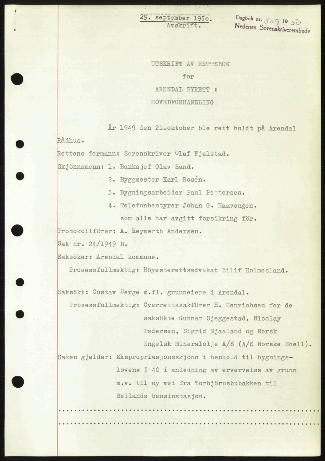 Arendal byfogd, AV/SAK-1222-0001/G/Gb/Gba/L0039: Mortgage book no. A40, 1950-1950, Diary no: : 809/1950