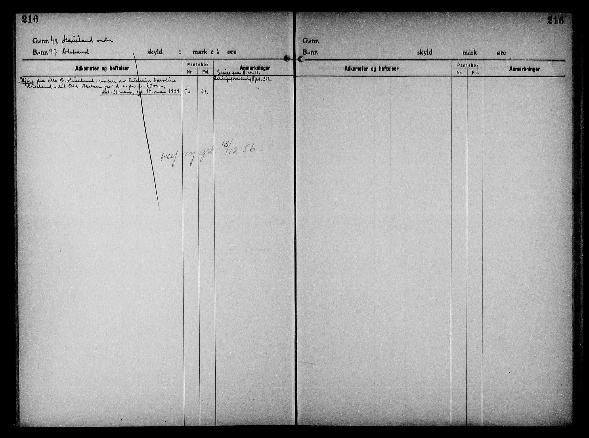 Vestre Nedenes/Sand sorenskriveri, SAK/1221-0010/G/Ga/L0023: Mortgage register no. 16, 1923-1957, p. 216