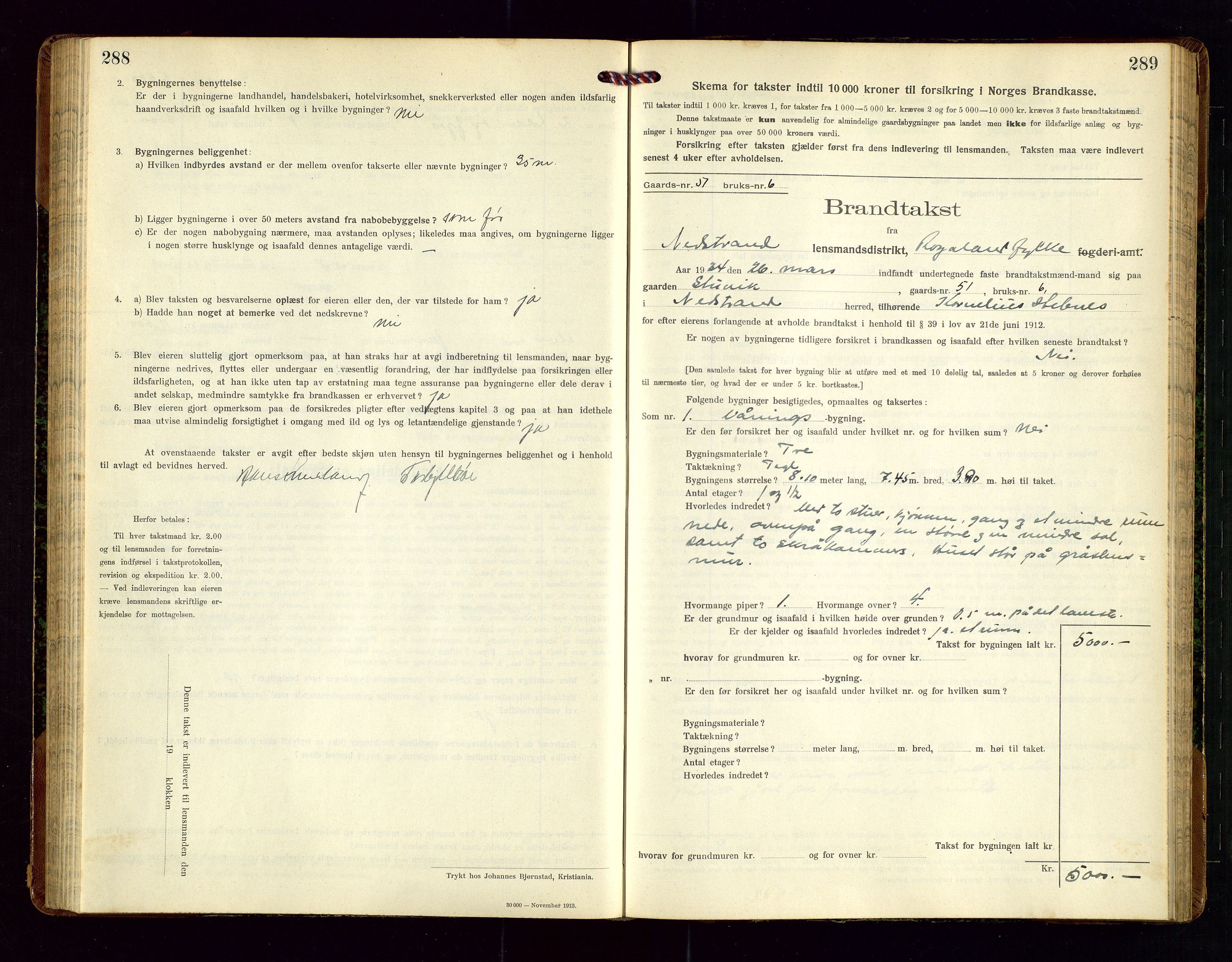 Nedstrand lensmannskontor, SAST/A-100236/Gob/L0002: "Brandtakstprotokol for Nerstrand lensmandsdistrikt Rogaland Fylke", 1916-1949, p. 288-289