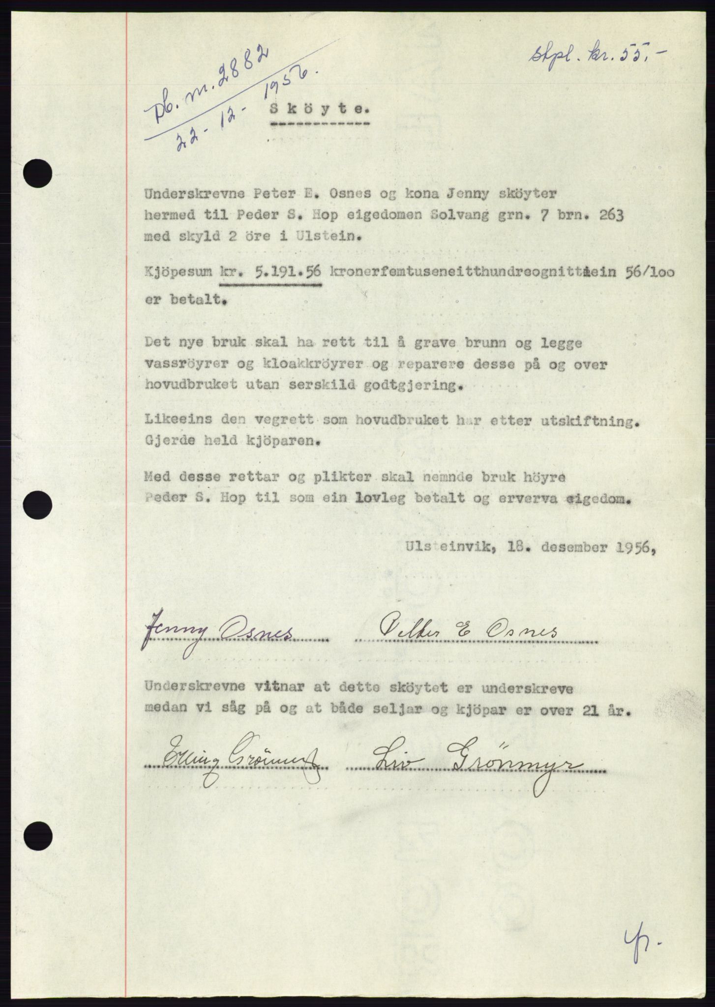 Søre Sunnmøre sorenskriveri, AV/SAT-A-4122/1/2/2C/L0105: Mortgage book no. 31A, 1956-1957, Diary no: : 2882/1956