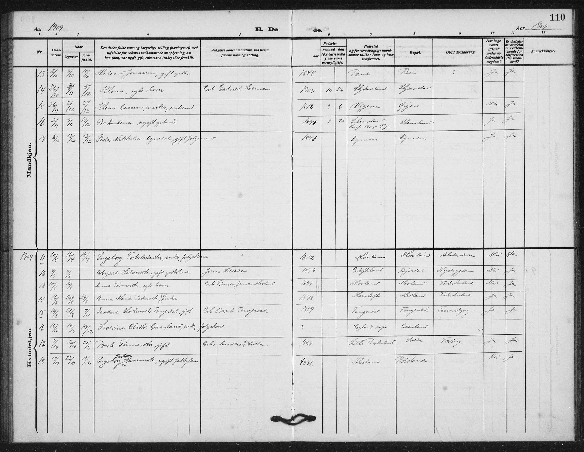 Helleland sokneprestkontor, AV/SAST-A-101810: Parish register (official) no. A 11, 1909-1922, p. 110