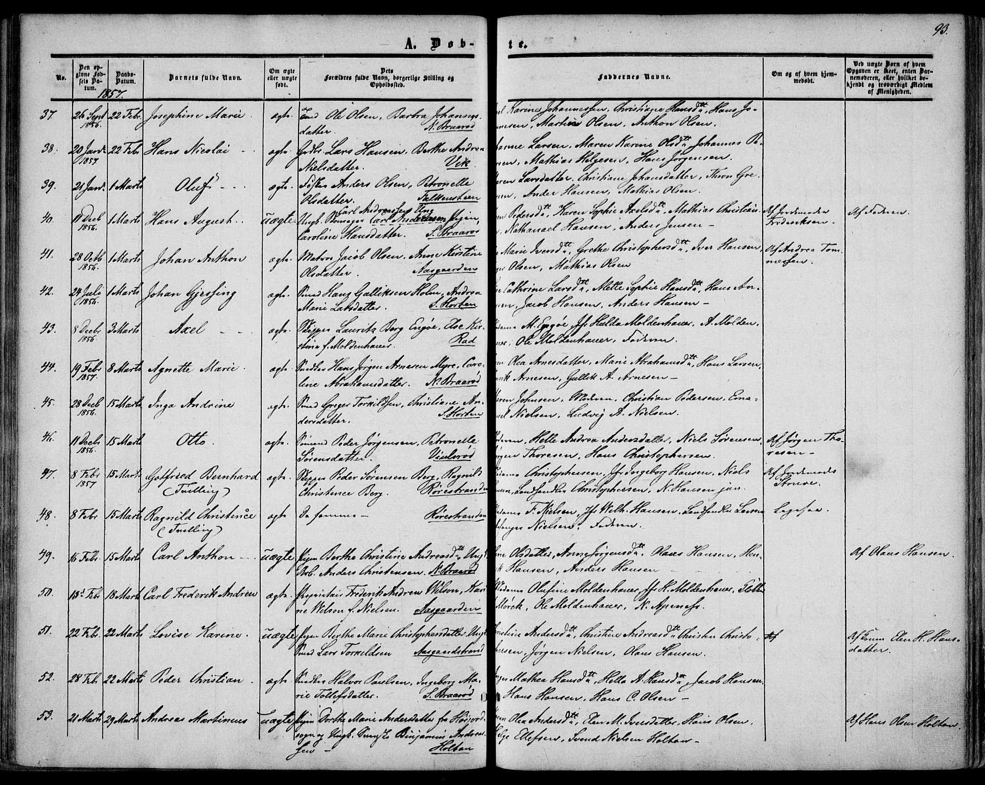 Borre kirkebøker, AV/SAKO-A-338/F/Fa/L0006: Parish register (official) no. I 6, 1852-1862, p. 93