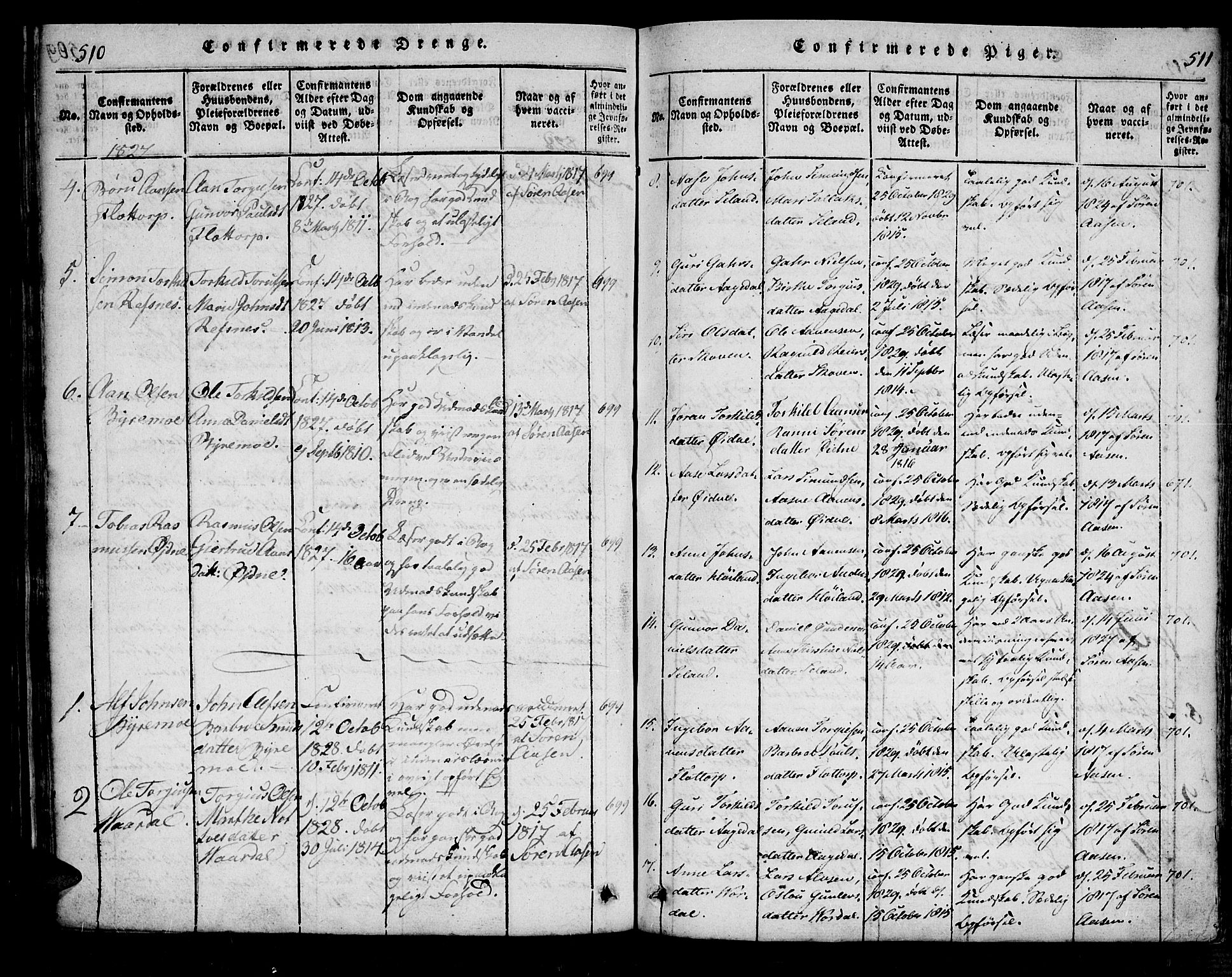 Bjelland sokneprestkontor, SAK/1111-0005/F/Fa/Fac/L0001: Parish register (official) no. A 1, 1815-1866, p. 510-511