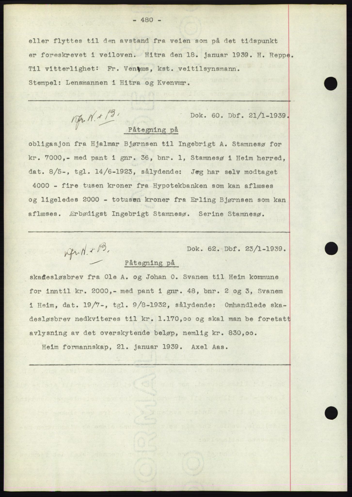 Hitra sorenskriveri, AV/SAT-A-0018/2/2C/2Ca: Mortgage book no. C1, 1936-1945, Diary no: : 60/1939