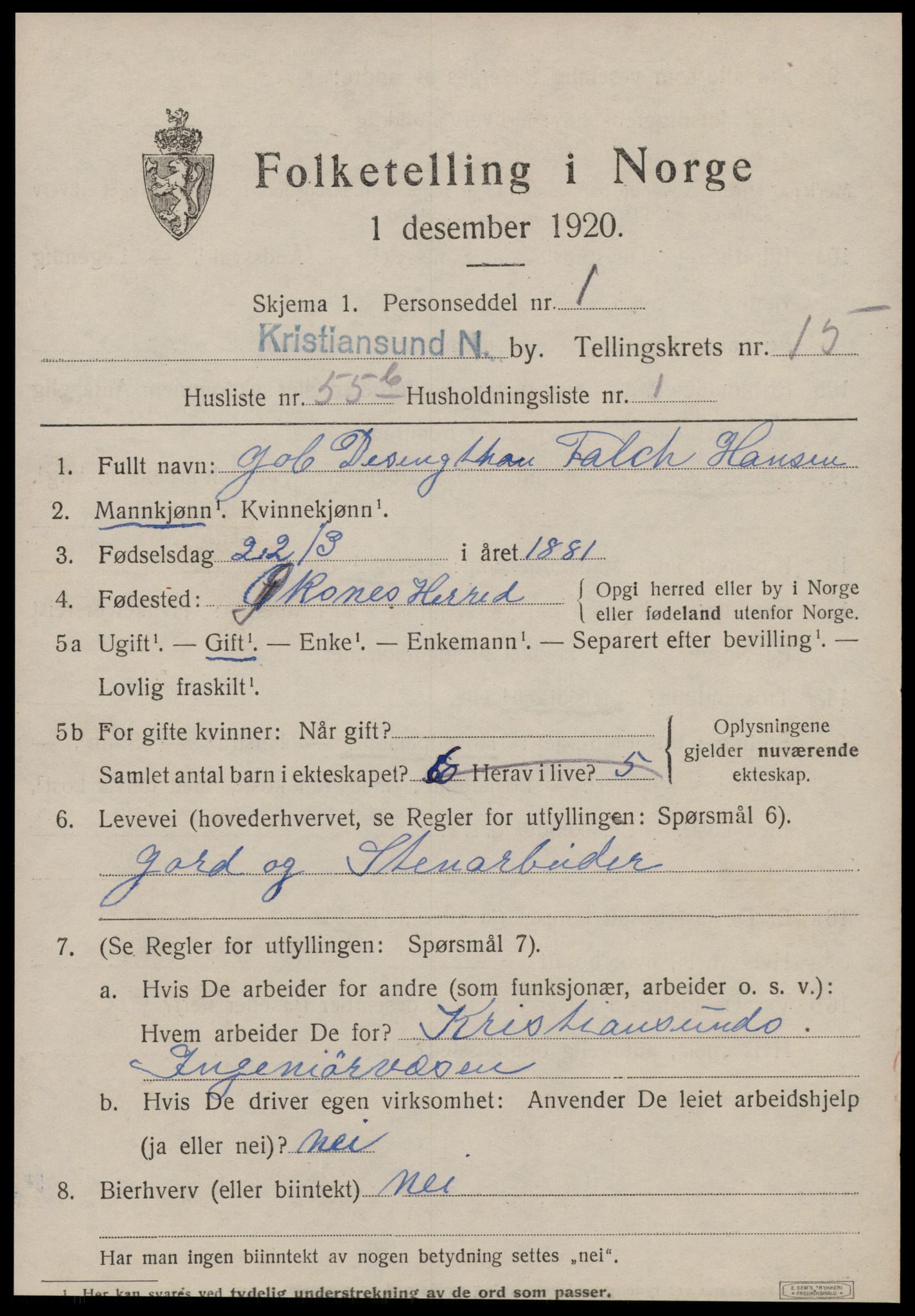 SAT, 1920 census for Kristiansund, 1920, p. 32081