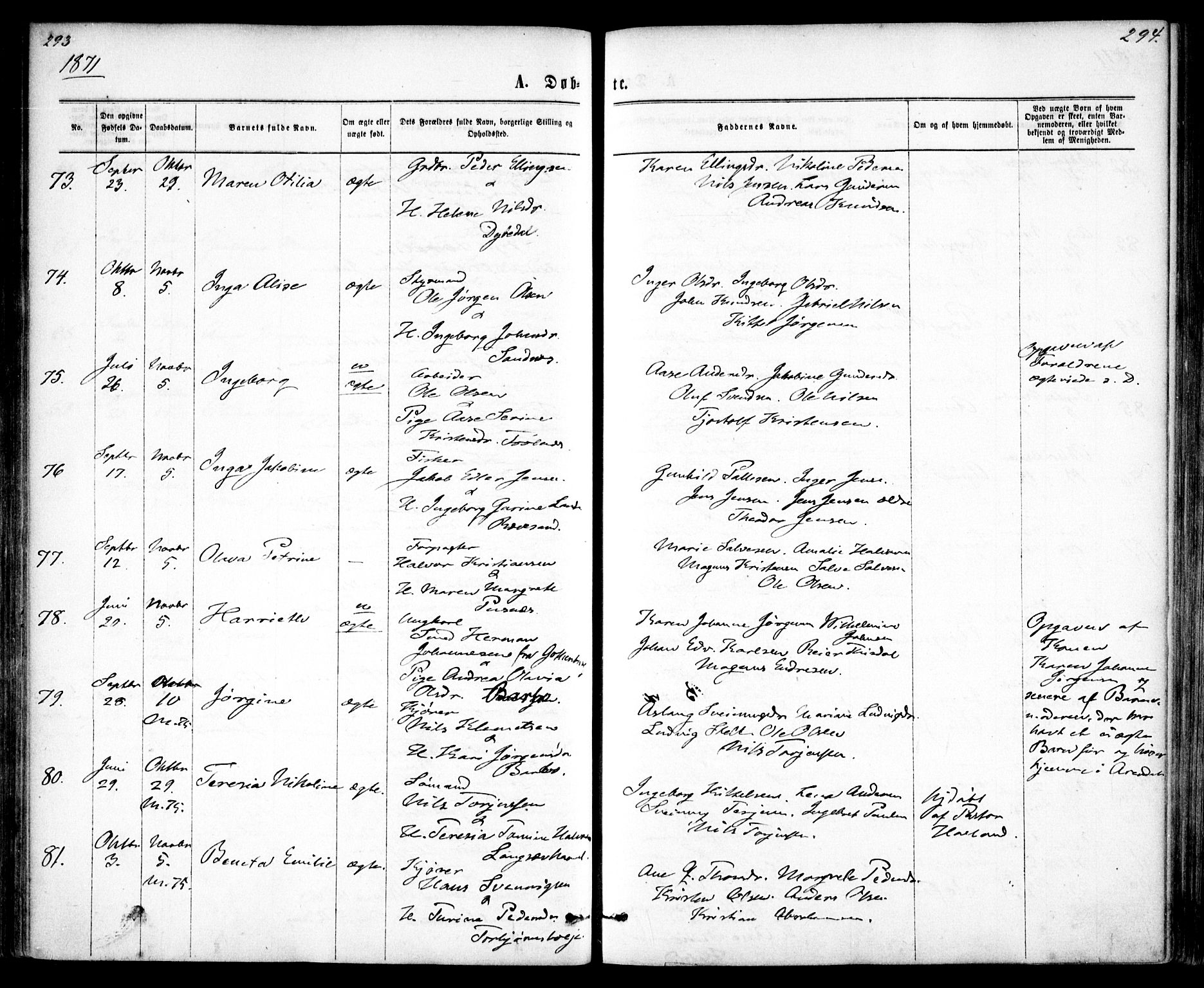 Tromøy sokneprestkontor, SAK/1111-0041/F/Fa/L0008: Parish register (official) no. A 8, 1870-1877, p. 293-294