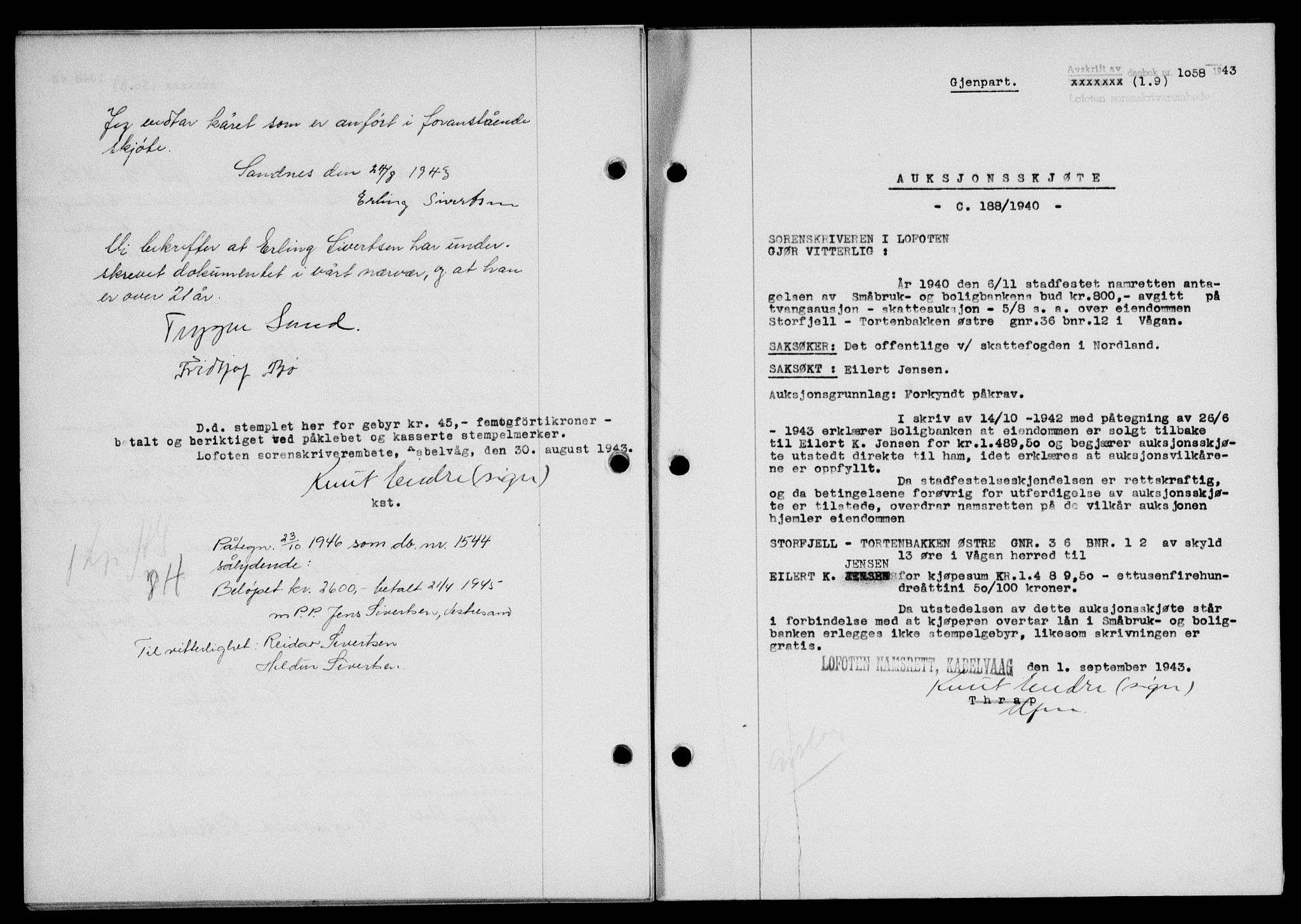 Lofoten sorenskriveri, SAT/A-0017/1/2/2C/L0011a: Mortgage book no. 11a, 1943-1943, Diary no: : 1058/1943
