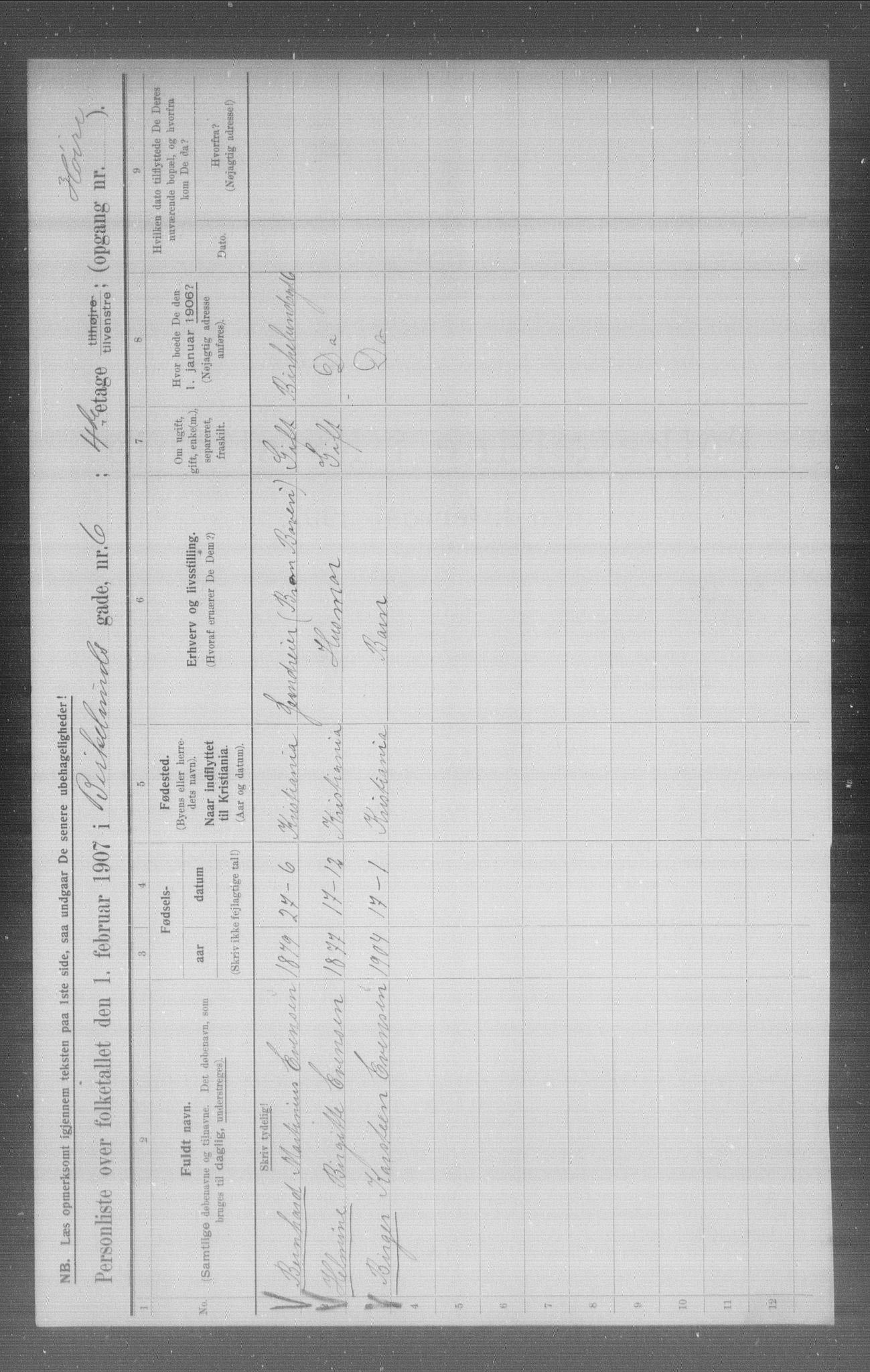 OBA, Municipal Census 1907 for Kristiania, 1907, p. 2902