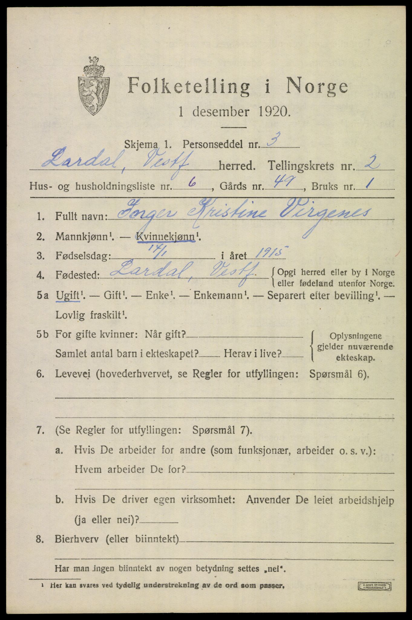 SAKO, 1920 census for Lardal, 1920, p. 2011