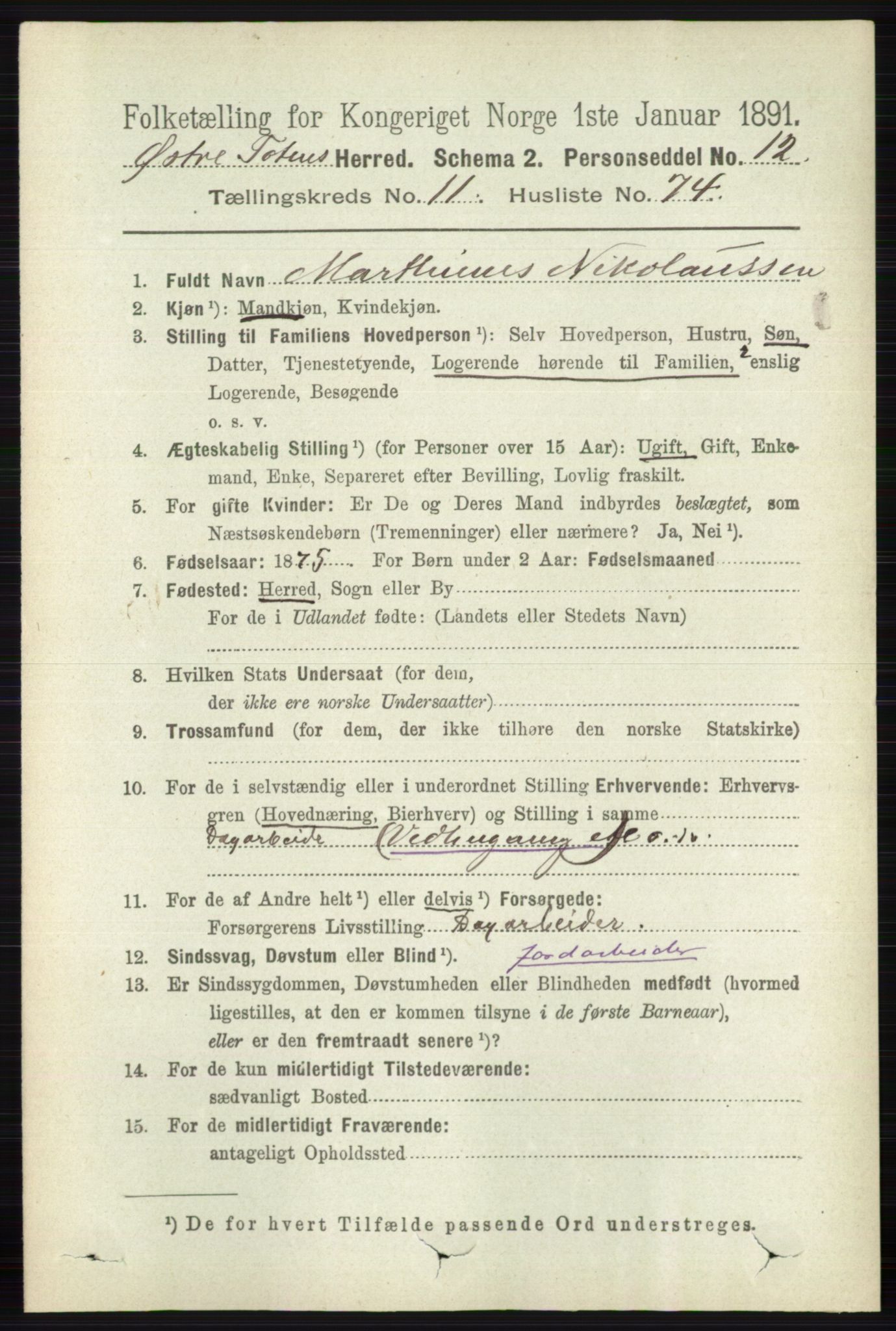 RA, 1891 census for 0528 Østre Toten, 1891, p. 7384