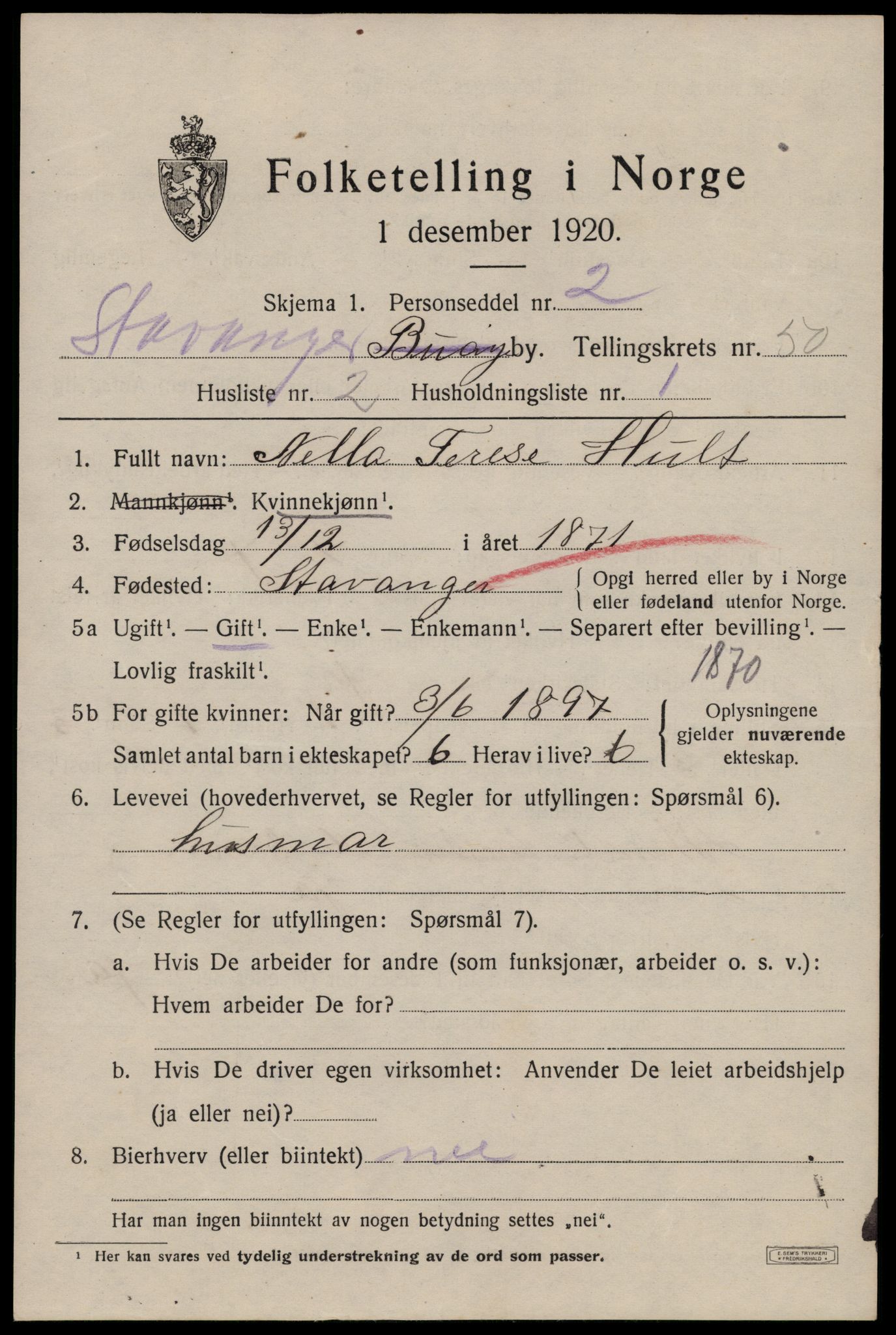 SAST, 1920 census for Stavanger, 1920, p. 119880