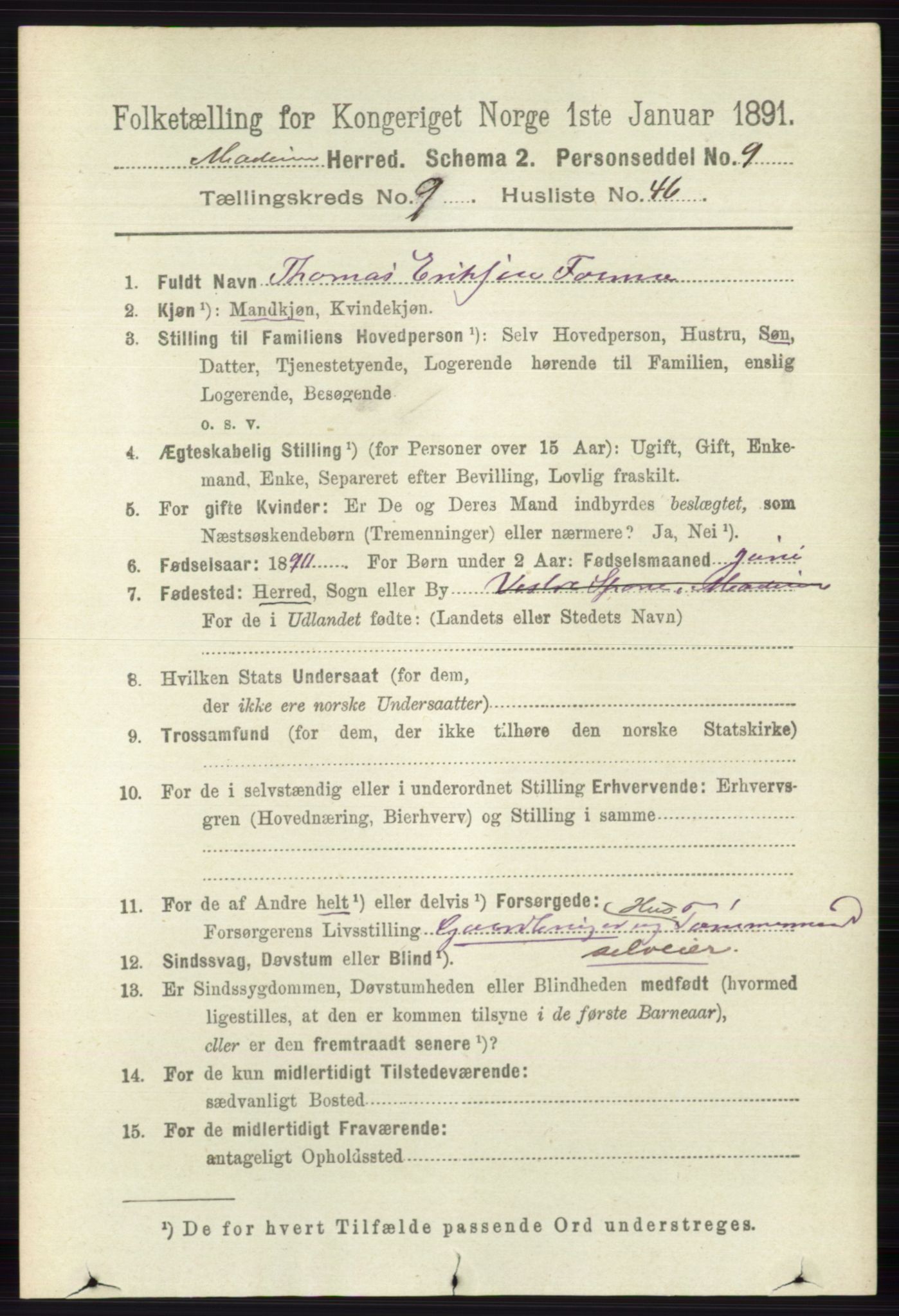 RA, 1891 census for 0623 Modum, 1891, p. 3724
