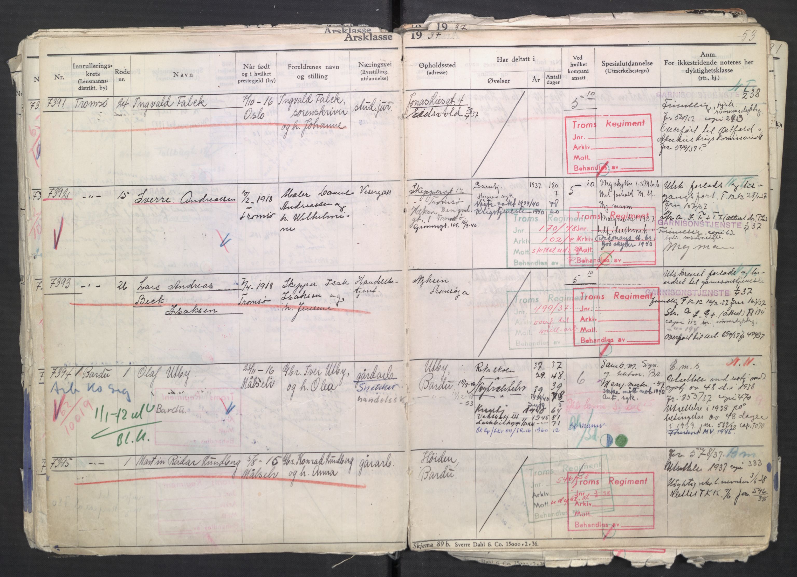 Forsvaret, Troms infanteriregiment nr. 16, AV/RA-RAFA-3146/P/Pa/L0007/0002: Ruller / Rulle for regimentets menige mannskaper, årsklasse 1937, 1937, p. 53