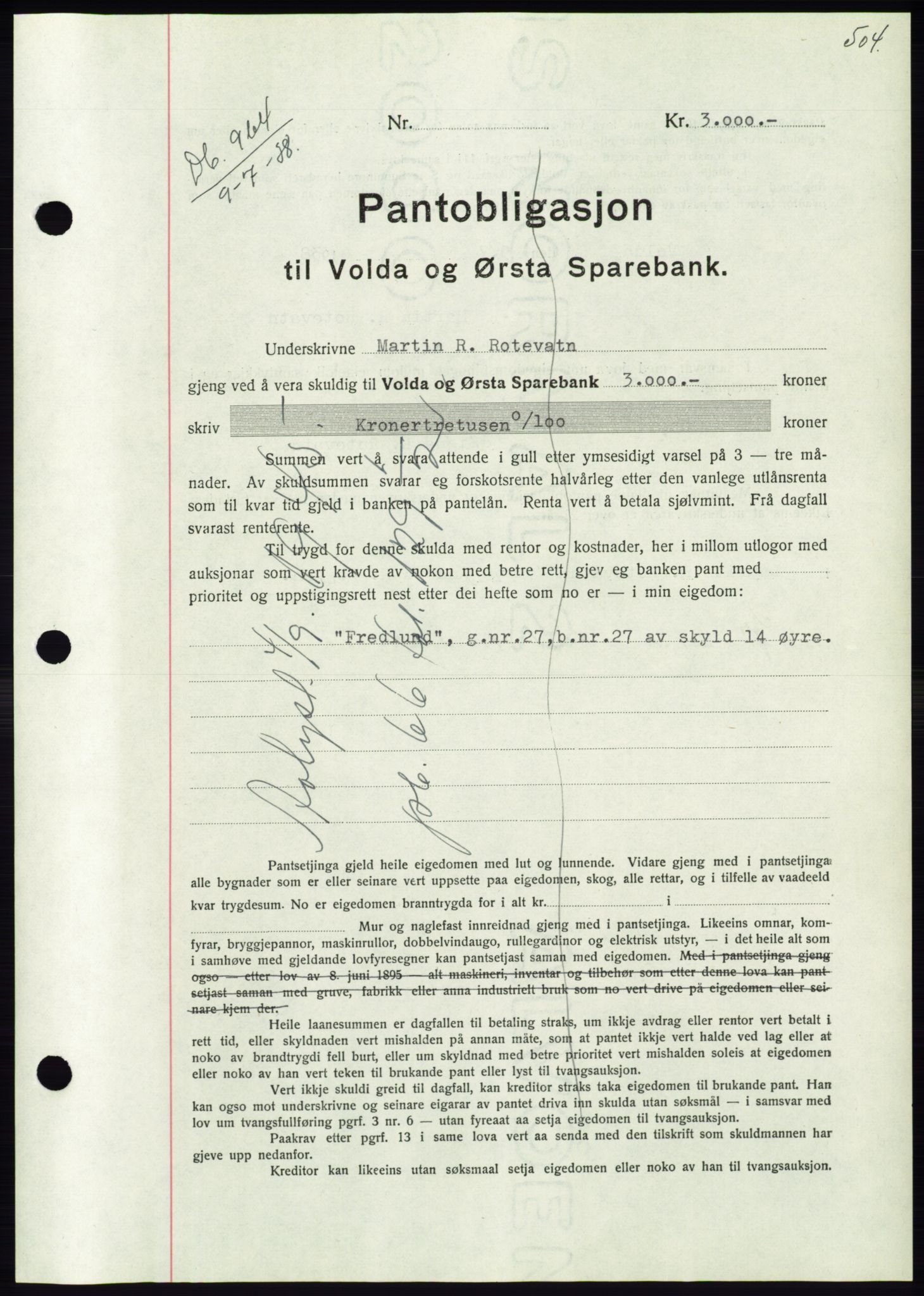 Søre Sunnmøre sorenskriveri, AV/SAT-A-4122/1/2/2C/L0065: Mortgage book no. 59, 1938-1938, Diary no: : 964/1938