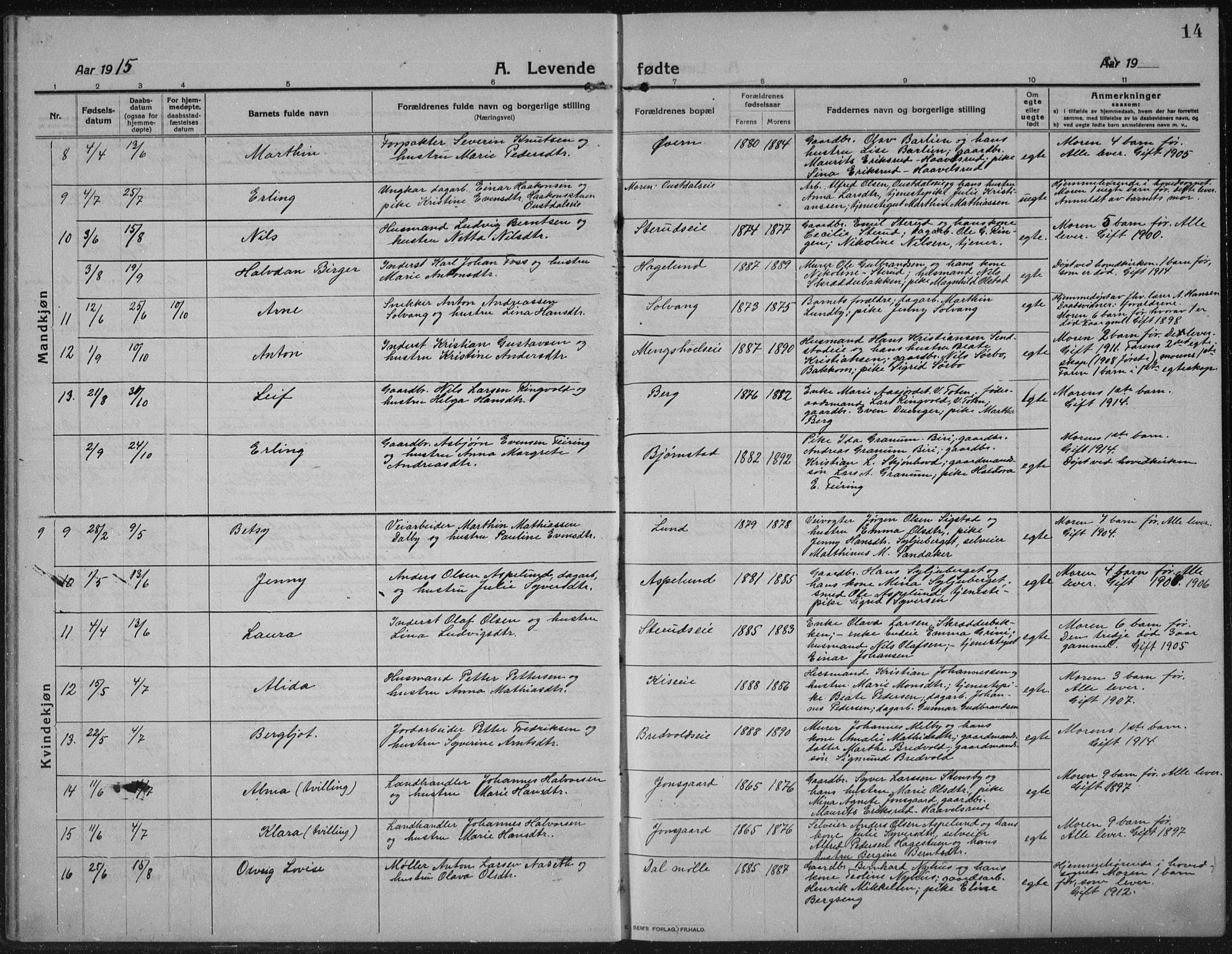 Nes prestekontor, Hedmark, AV/SAH-PREST-020/L/La/L0009: Parish register (copy) no. 9, 1913-1936, p. 14