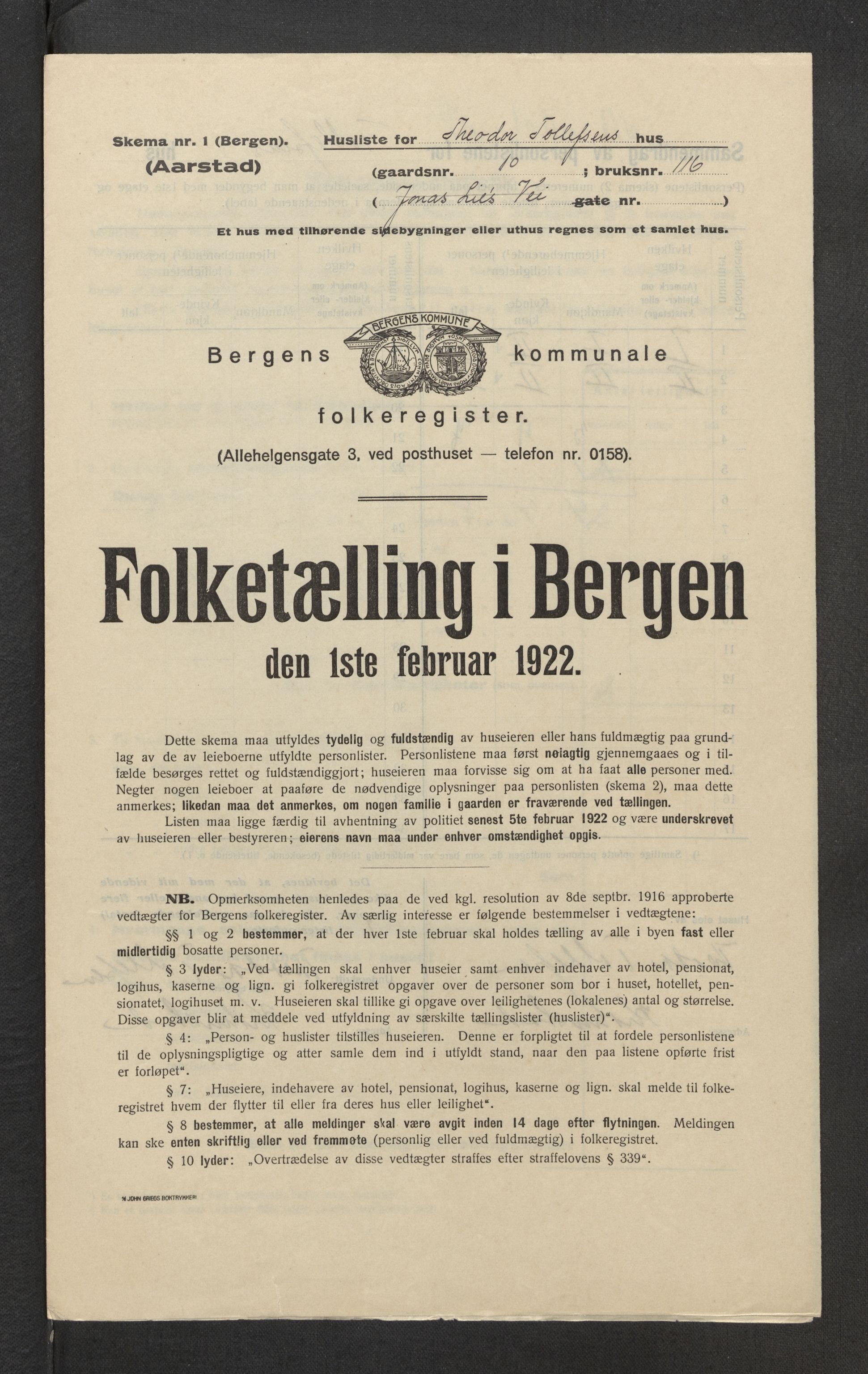 SAB, Municipal Census 1922 for Bergen, 1922, p. 60165