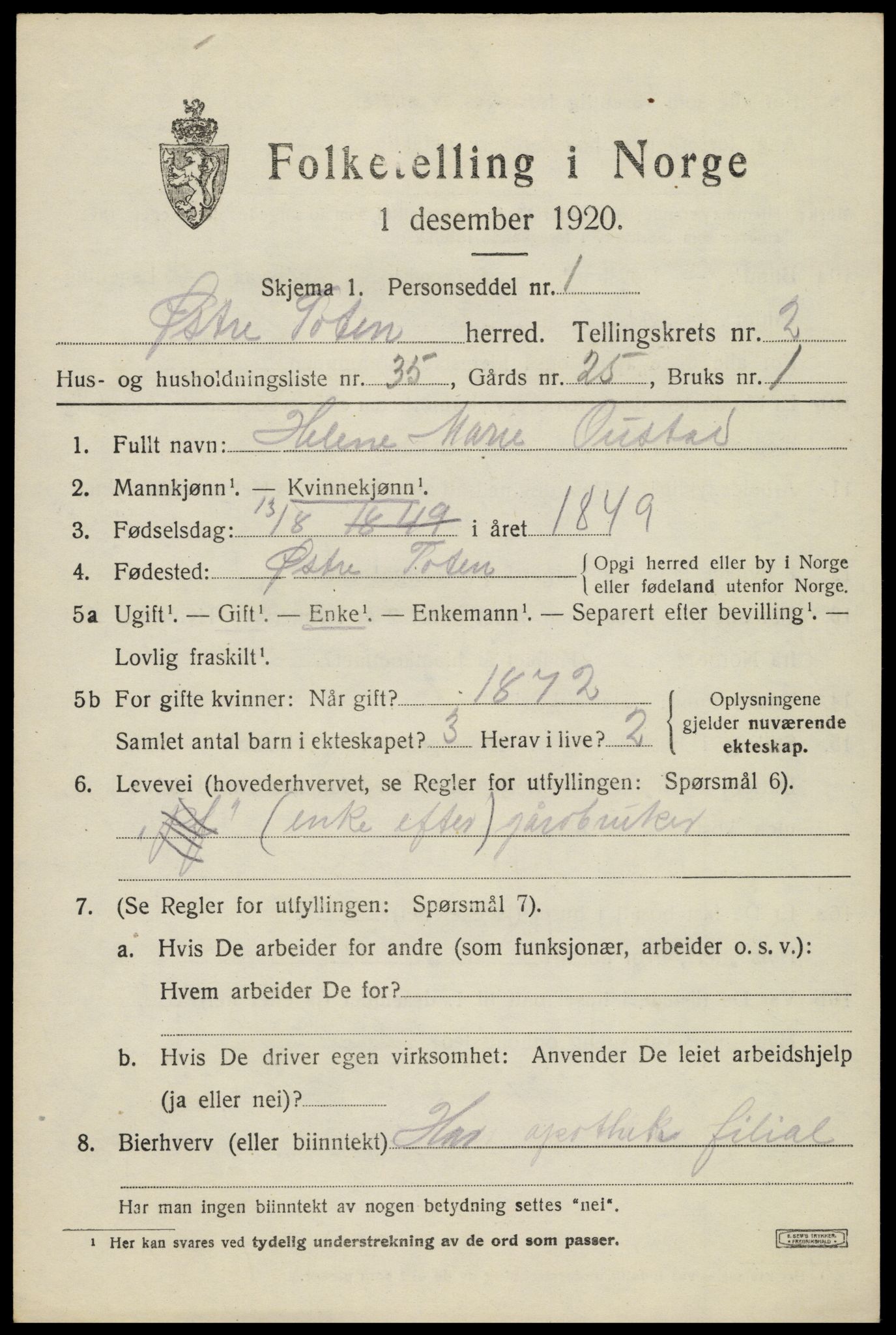 SAH, 1920 census for Østre Toten, 1920, p. 4678