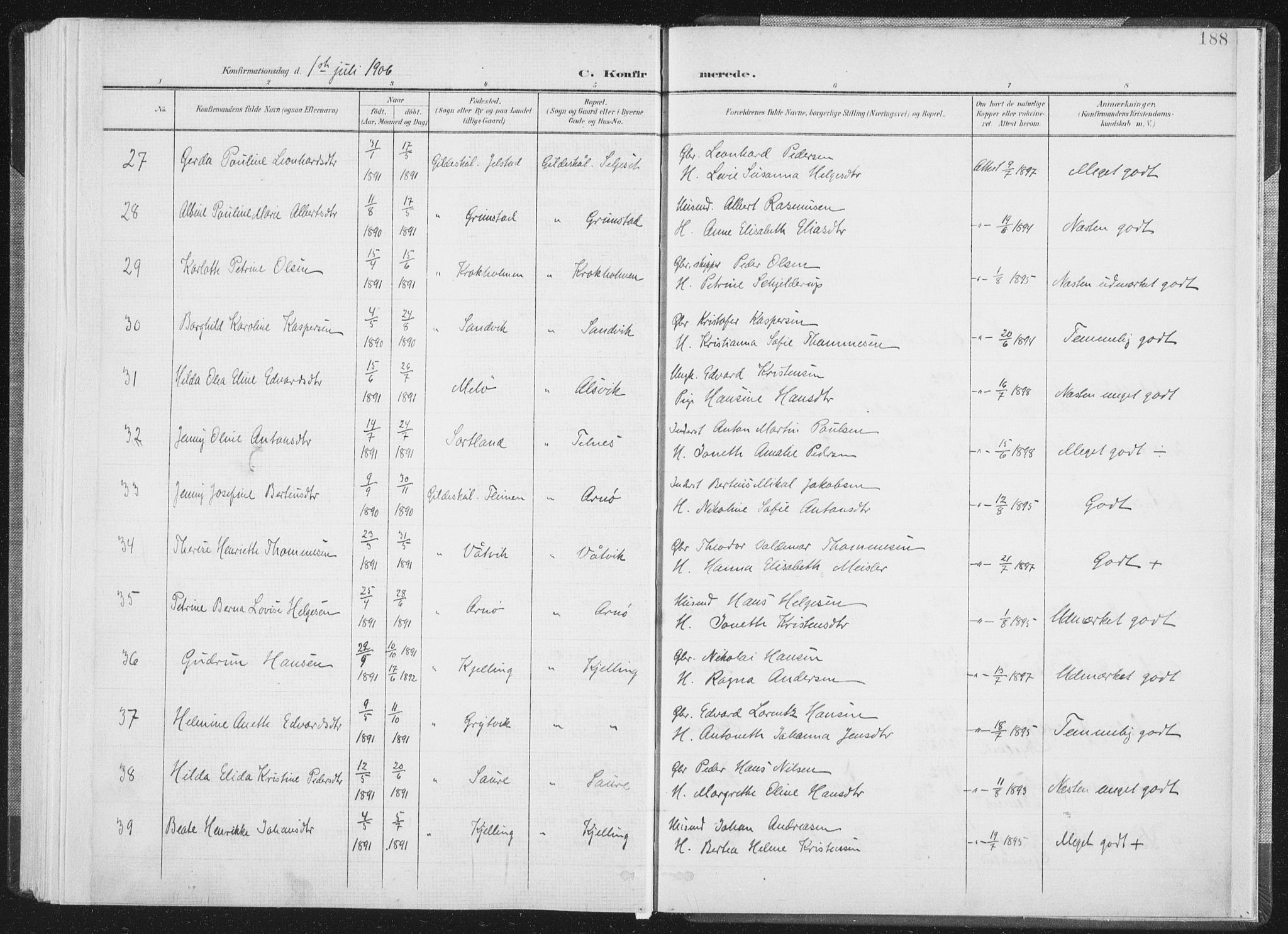 Ministerialprotokoller, klokkerbøker og fødselsregistre - Nordland, SAT/A-1459/805/L0102: Parish register (official) no. 805A08I, 1900-1909, p. 188