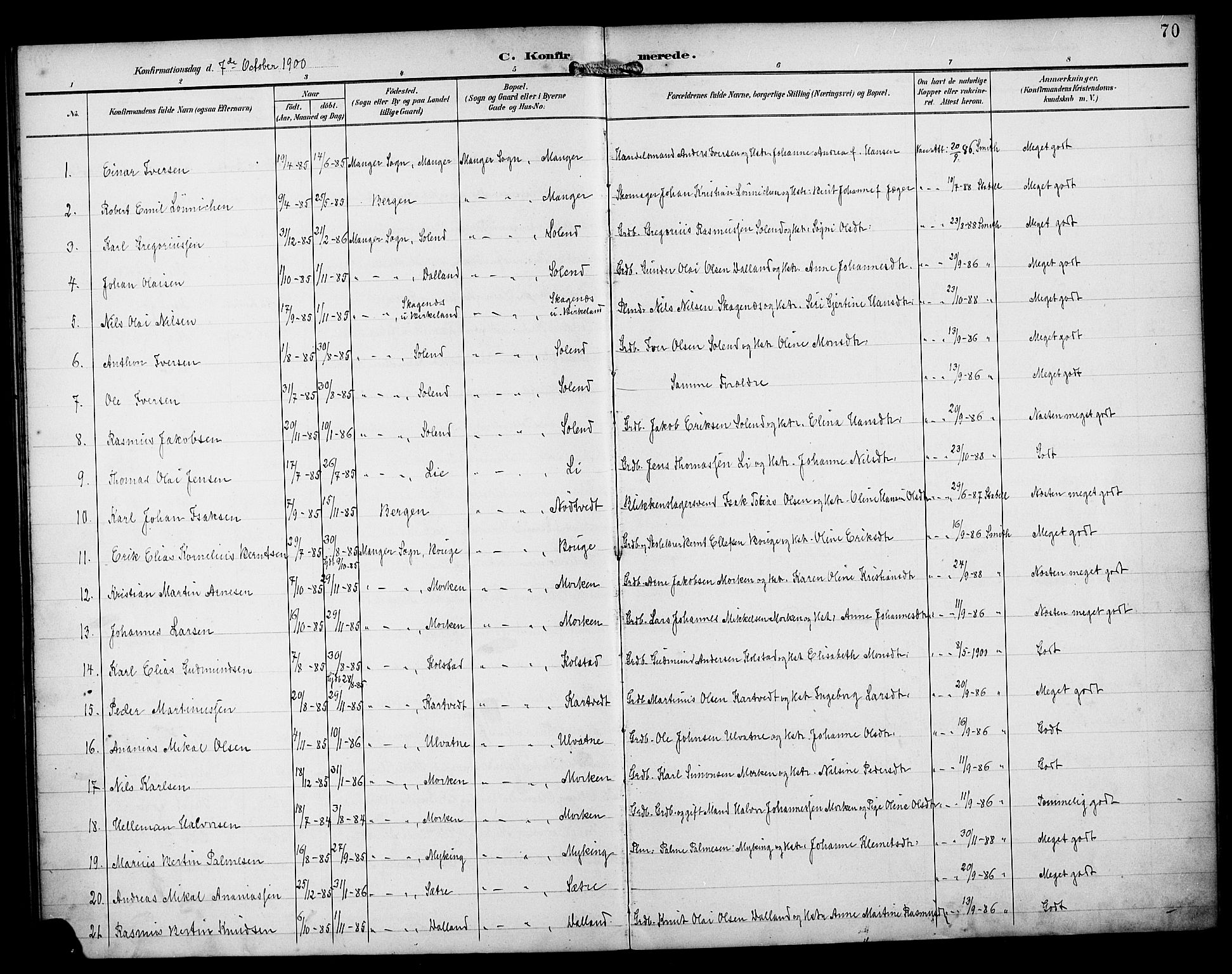 Manger sokneprestembete, SAB/A-76801/H/Haa: Parish register (official) no. B 2, 1893-1906, p. 70