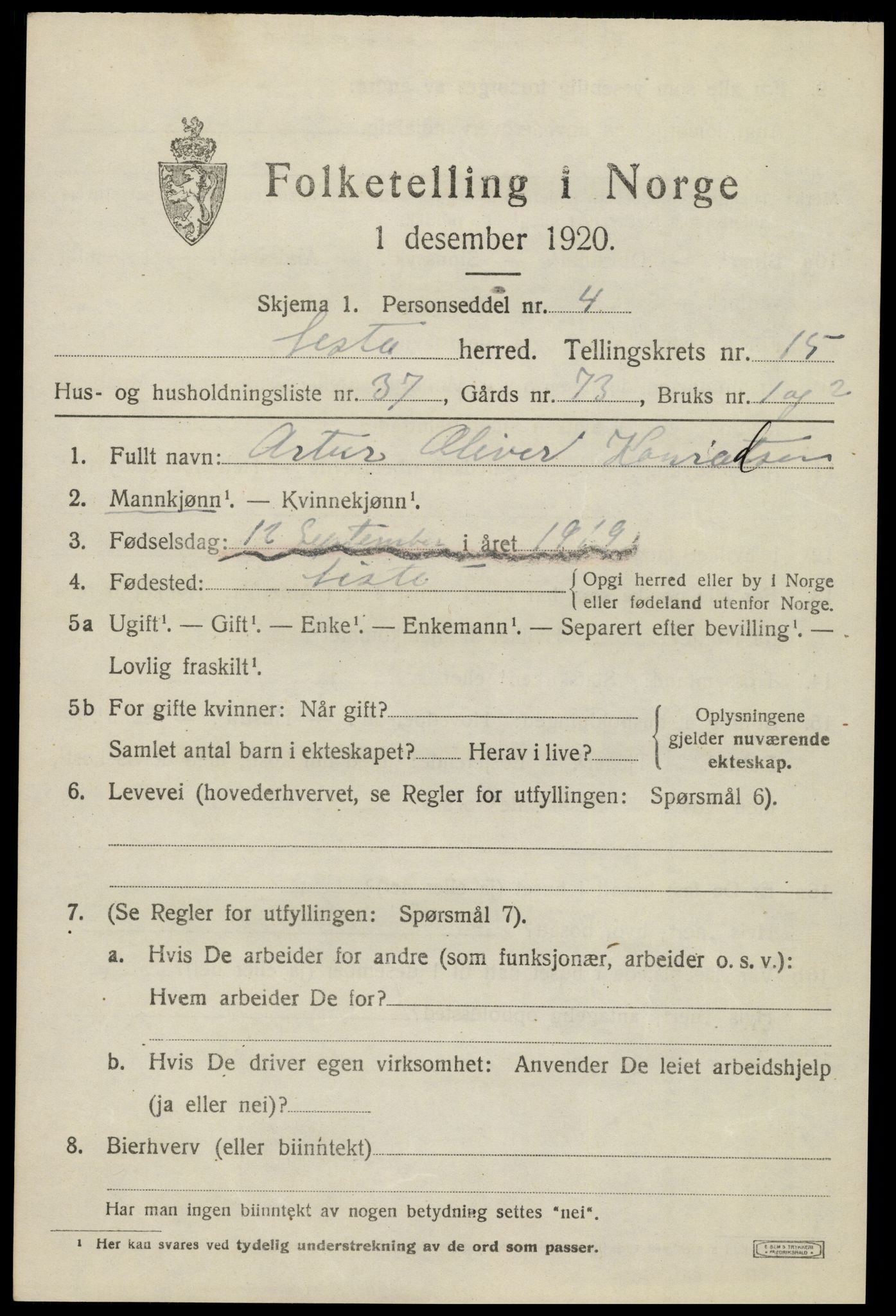 SAK, 1920 census for Lista, 1920, p. 12909