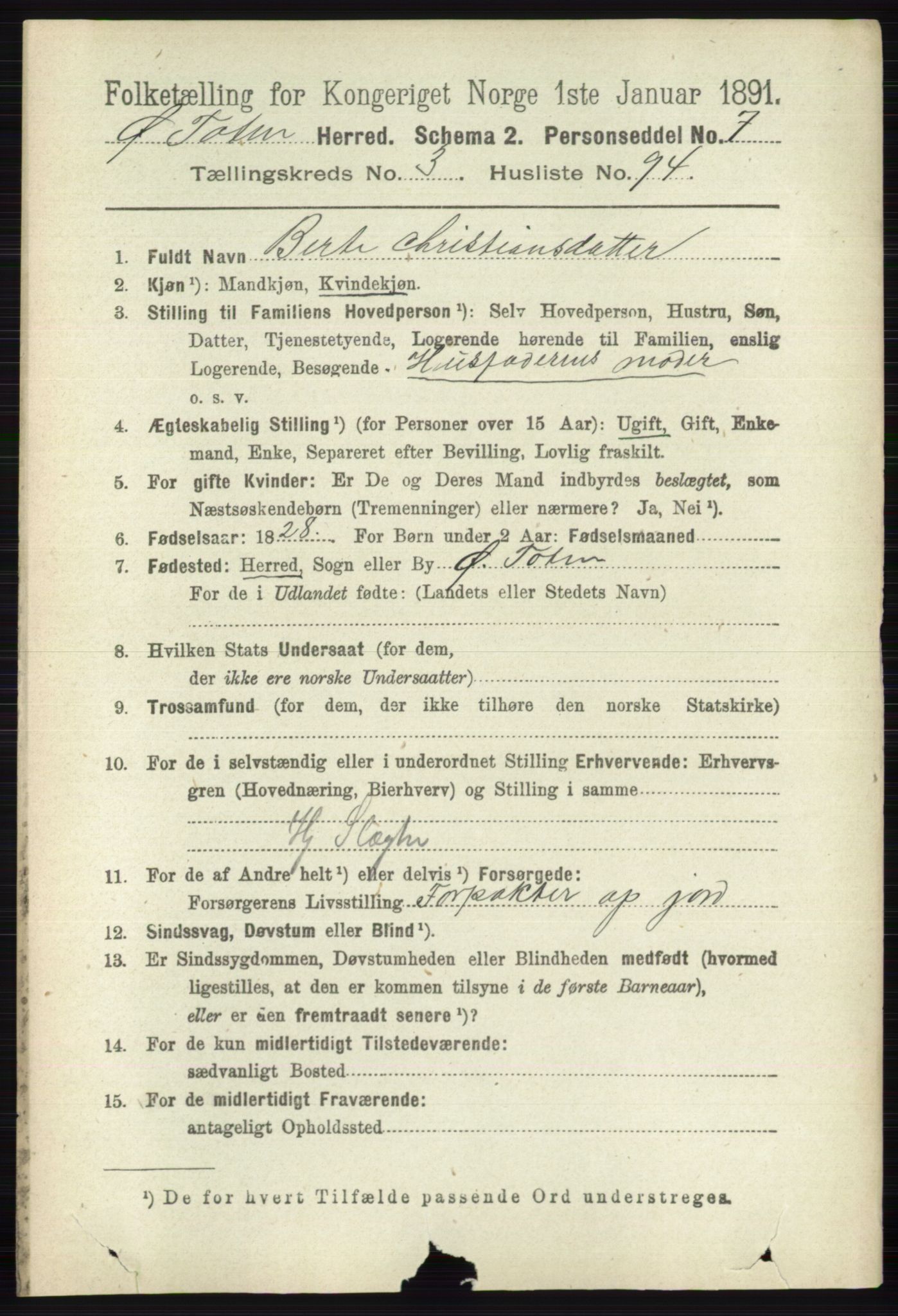 RA, 1891 census for 0528 Østre Toten, 1891, p. 2091