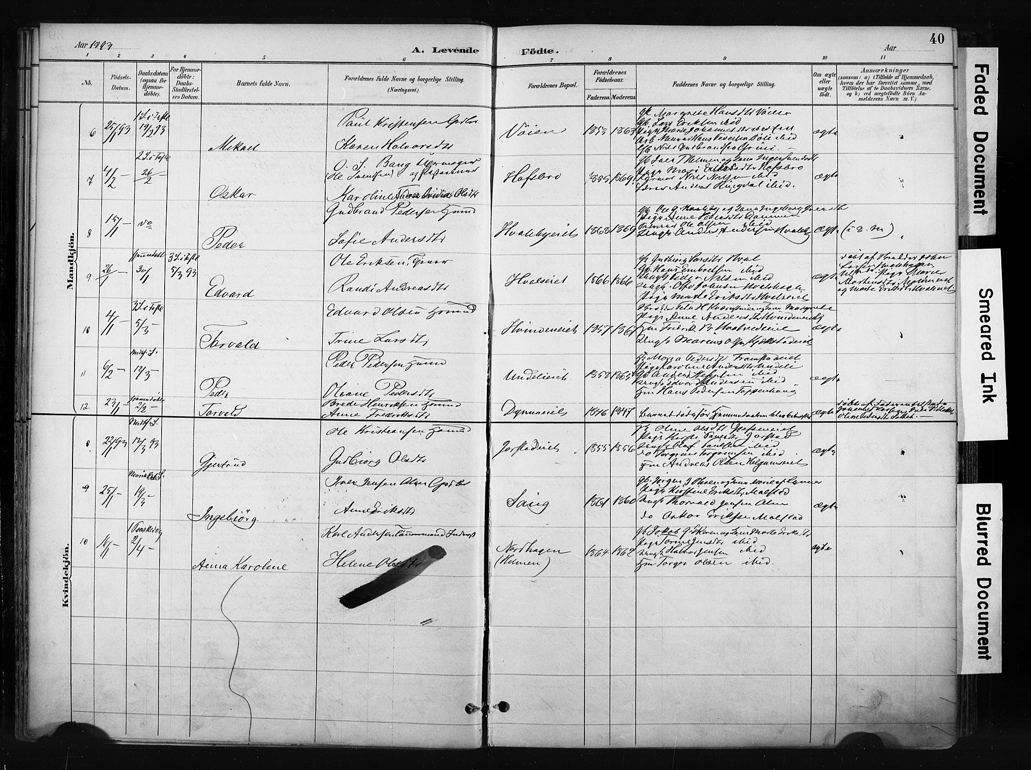 Gran prestekontor, AV/SAH-PREST-112/H/Ha/Haa/L0017: Parish register (official) no. 17, 1889-1897, p. 40