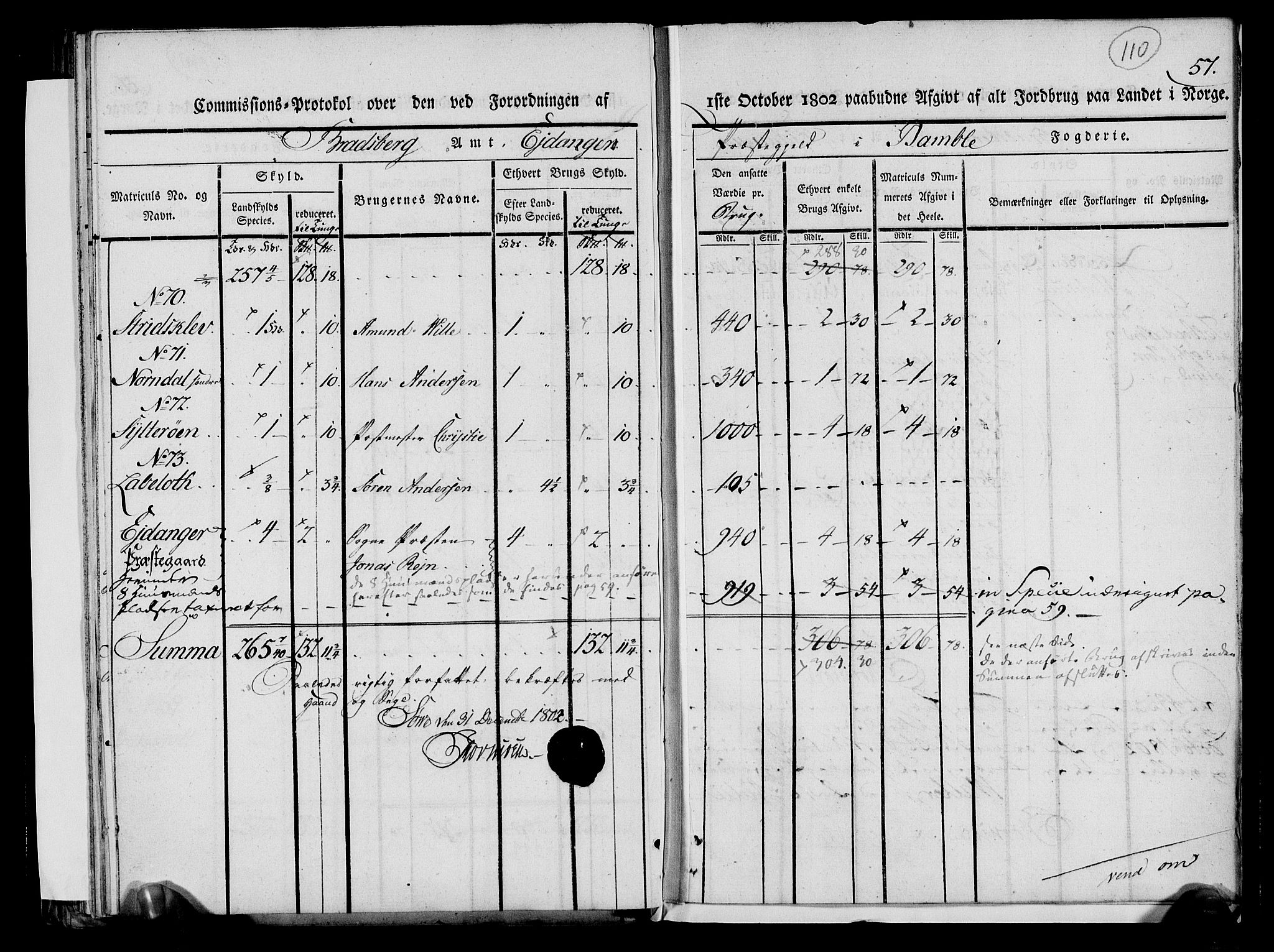 Rentekammeret inntil 1814, Realistisk ordnet avdeling, AV/RA-EA-4070/N/Ne/Nea/L0068: og 0069: Nedre Telemarken og Bamble fogderi. Kommisjonsprotokoll for Drangedal, Sannidal, Bamble og Eidanger prestegjeld., 1803, p. 116