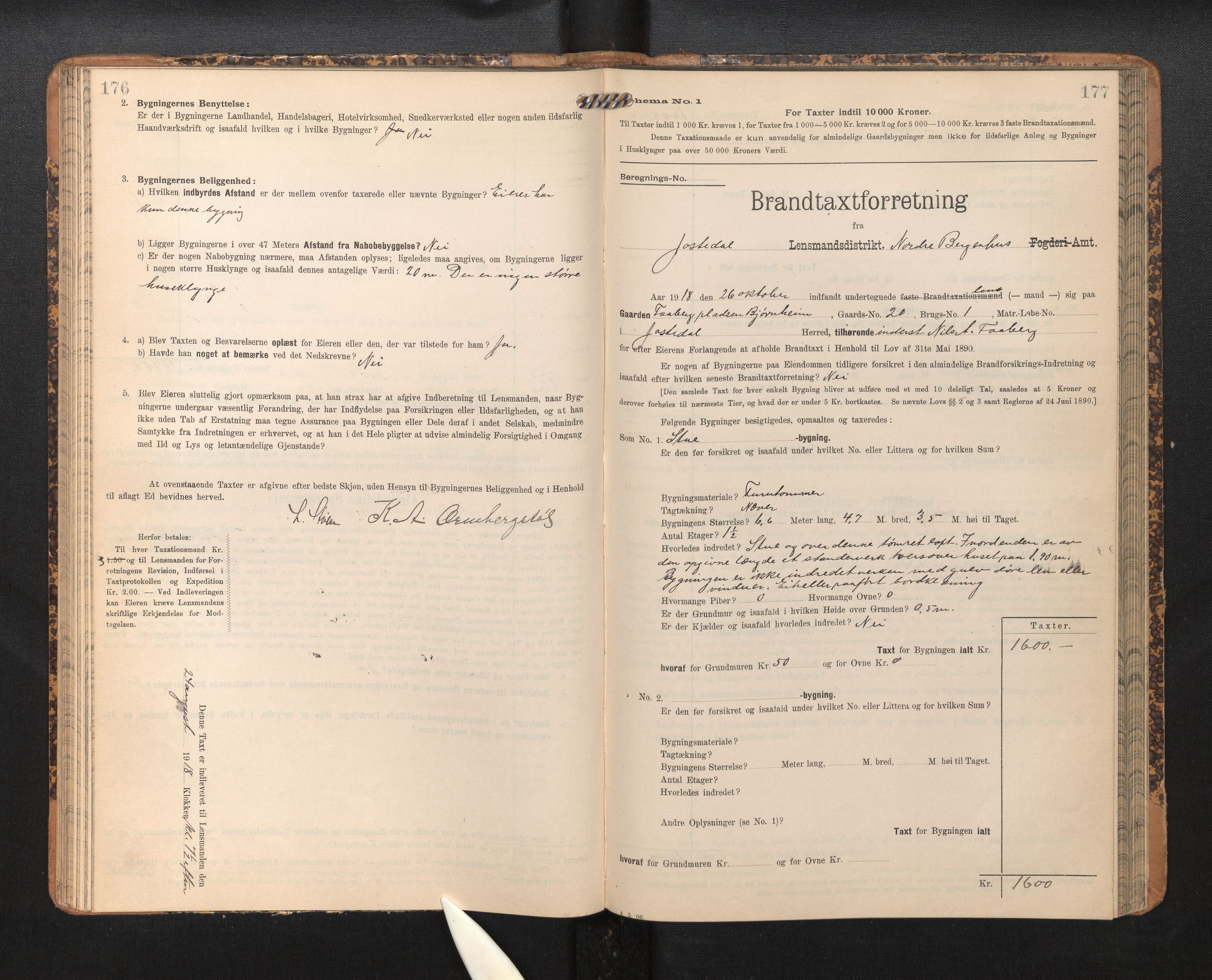 Lensmannen i Jostedal, SAB/A-28601/0012/L0004: Branntakstprotokoll, skjematakst, 1906-1919, p. 176-177