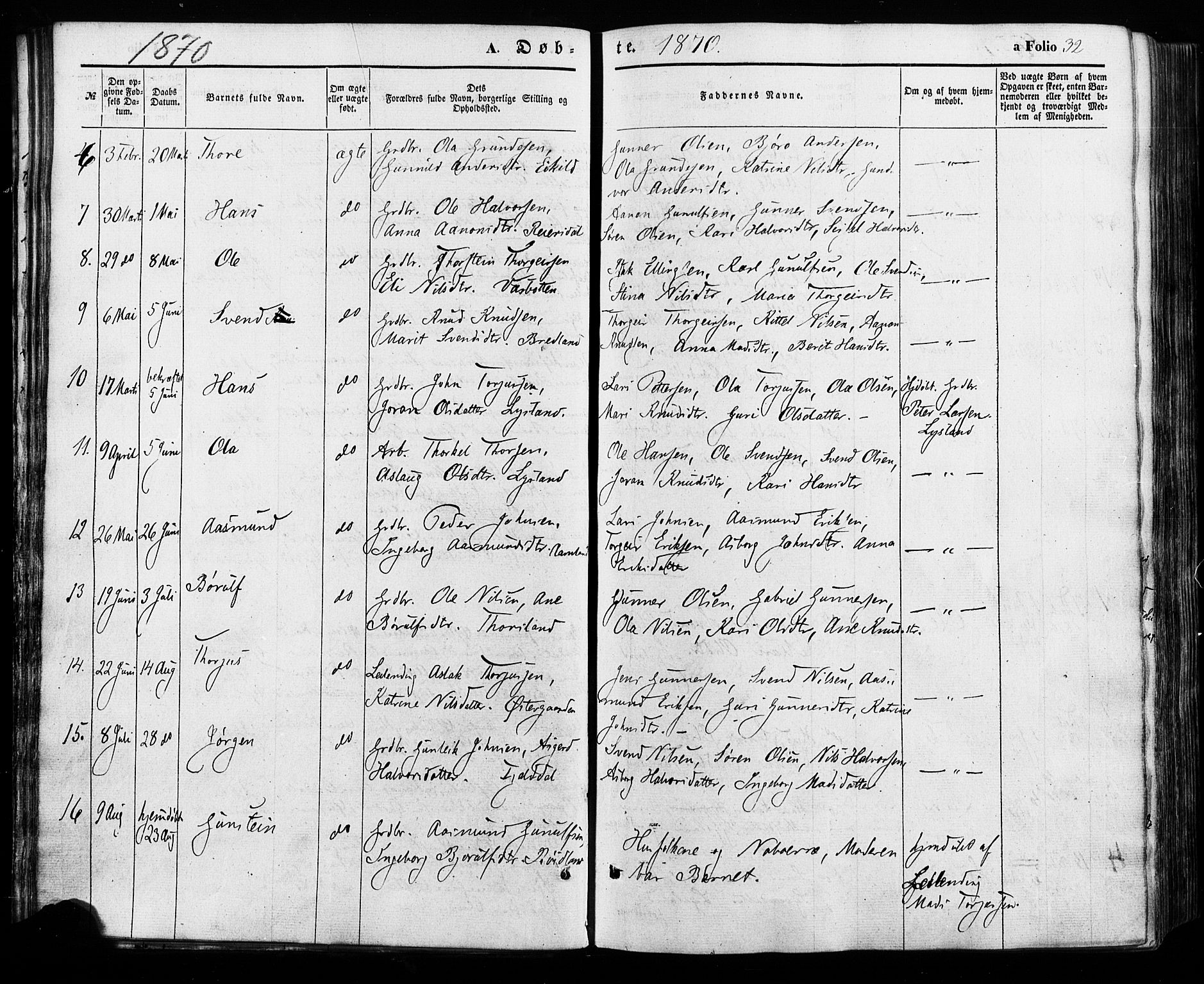 Åseral sokneprestkontor, SAK/1111-0051/F/Fa/L0002: Parish register (official) no. A 2, 1854-1884, p. 32